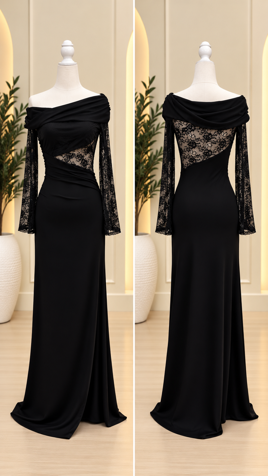 Black Off-Shoulder Lace Evening Maxi Dress