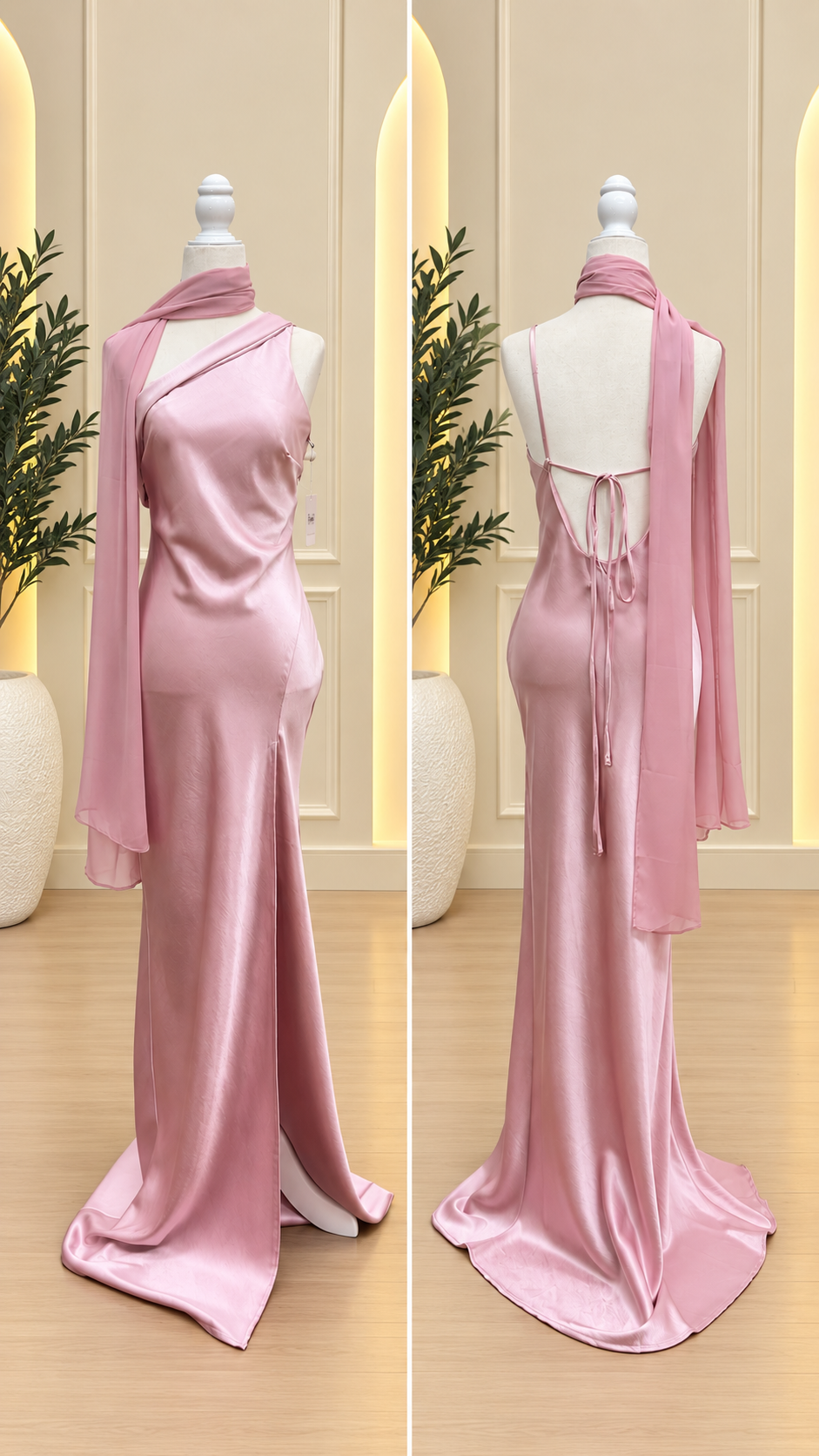 Blush Pink Satin Backless Maxi Dress with Scarf