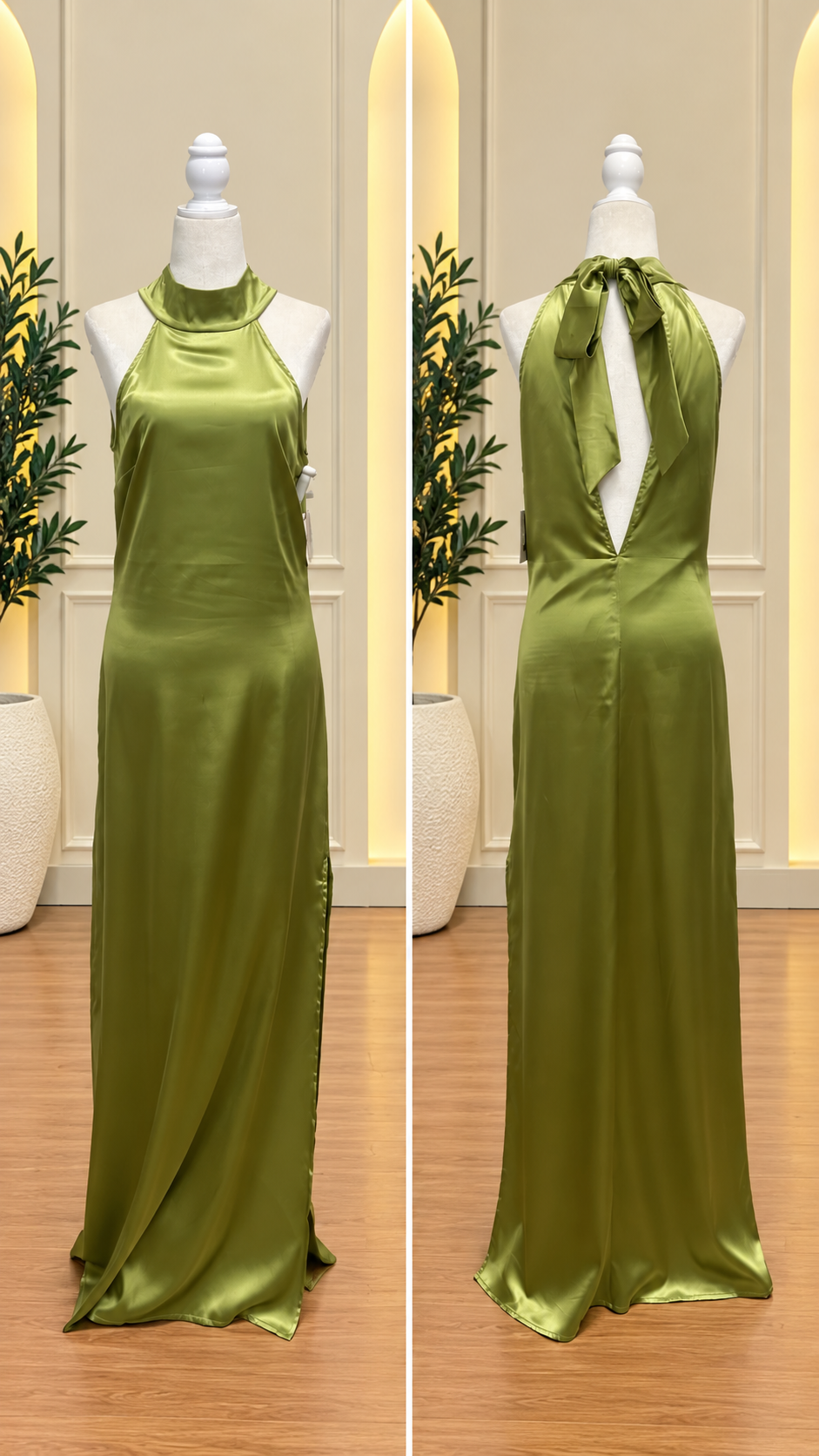 Kiwi Green Satin Halter Open-Back Maxi Dress