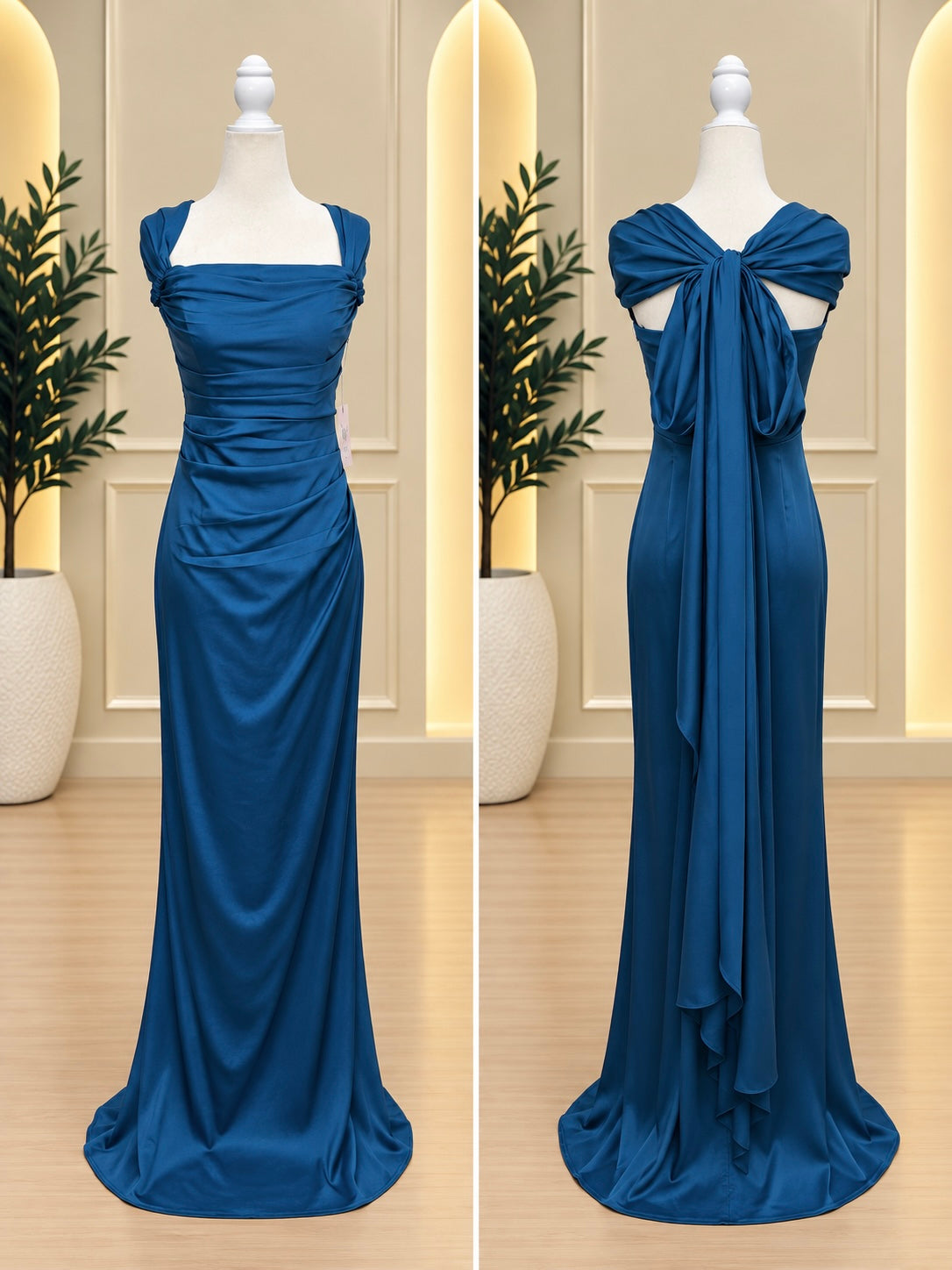 Teal Blue Ruched Draped-Back Maxi Dress
