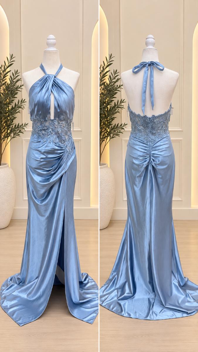 Dusty Blue Satin Halter Lace Maxi Dress