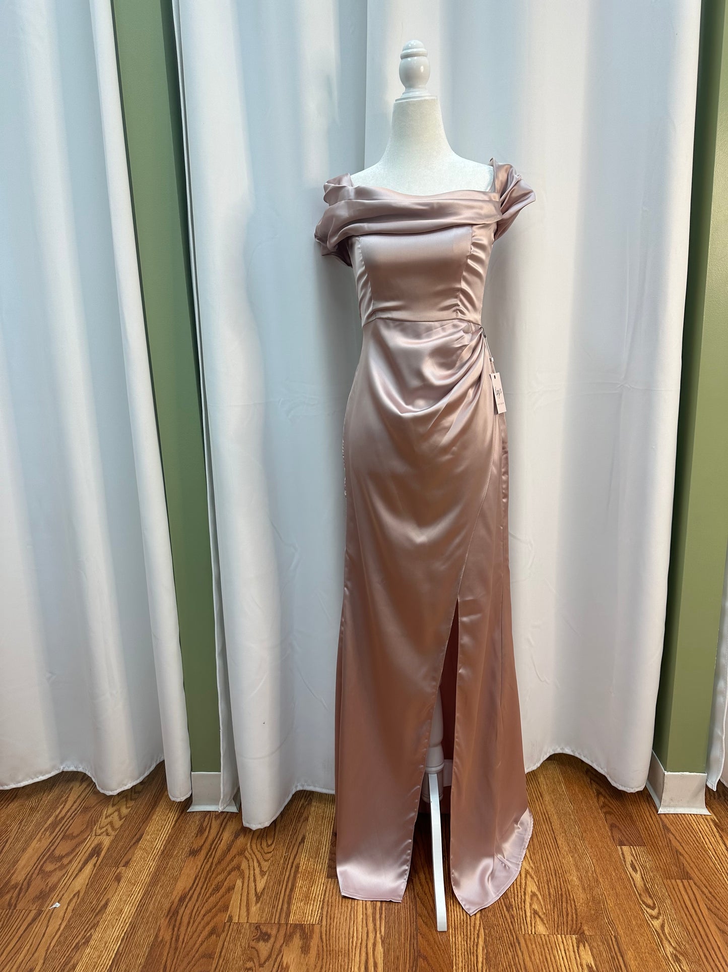 Champagne Satin Shoulder Maxi Dress