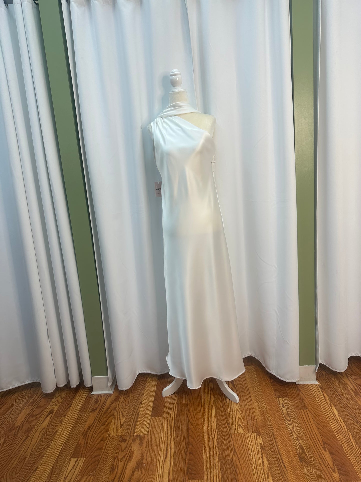 floor length white satin dress