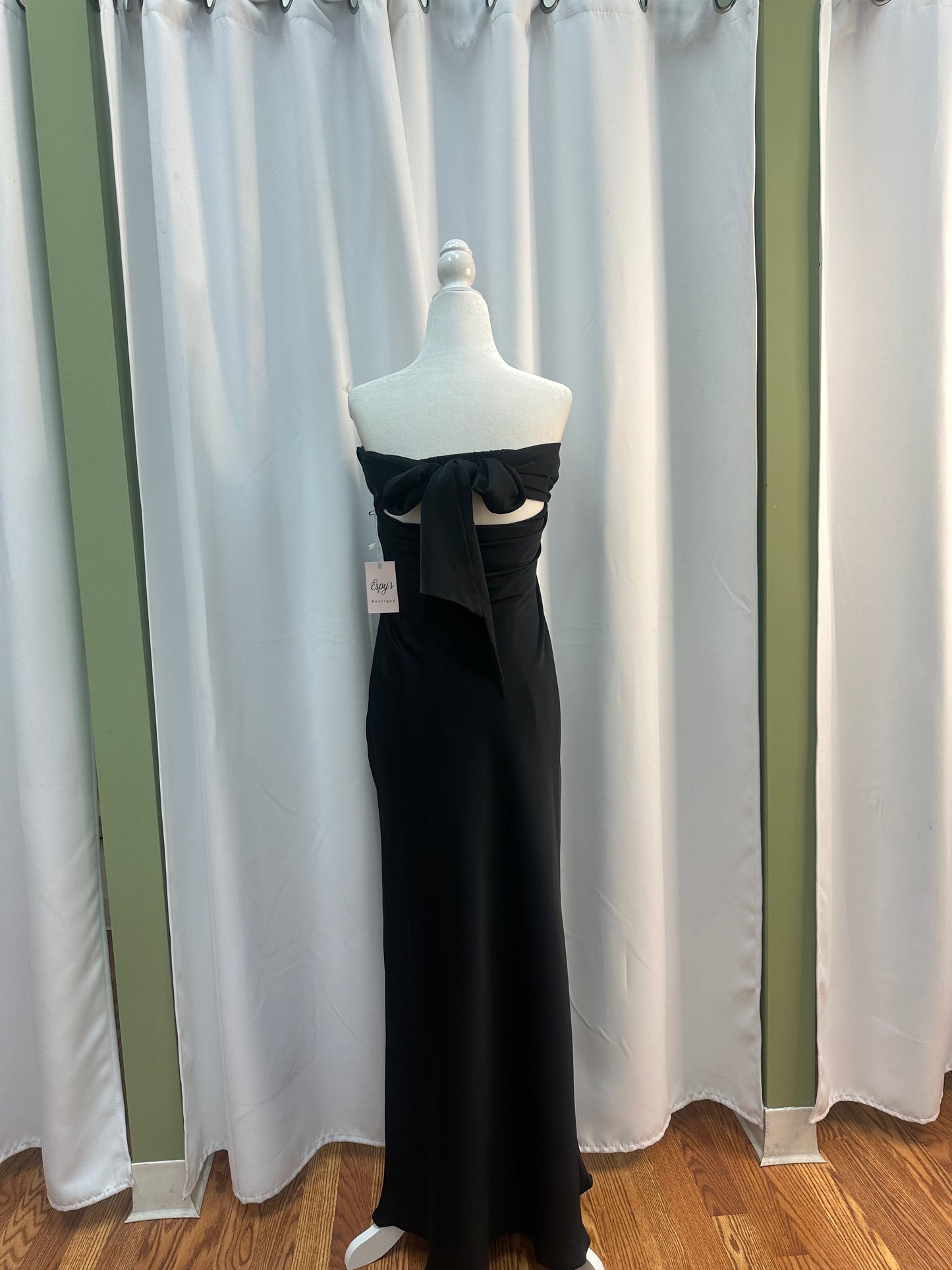 black long satin dress with bow on the back
