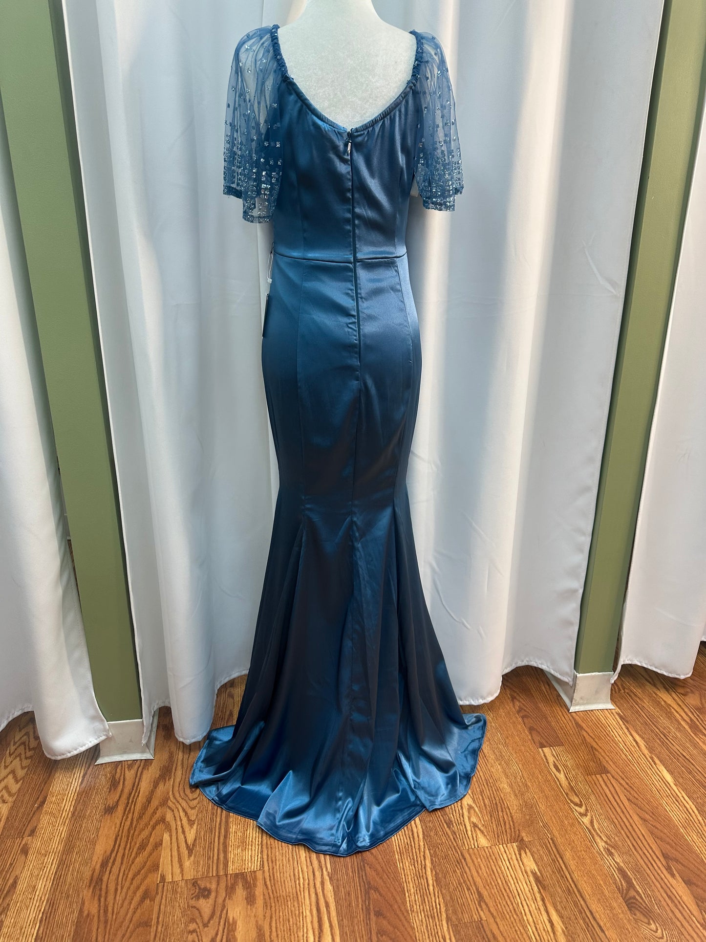 long short sleeve dustry blue dress