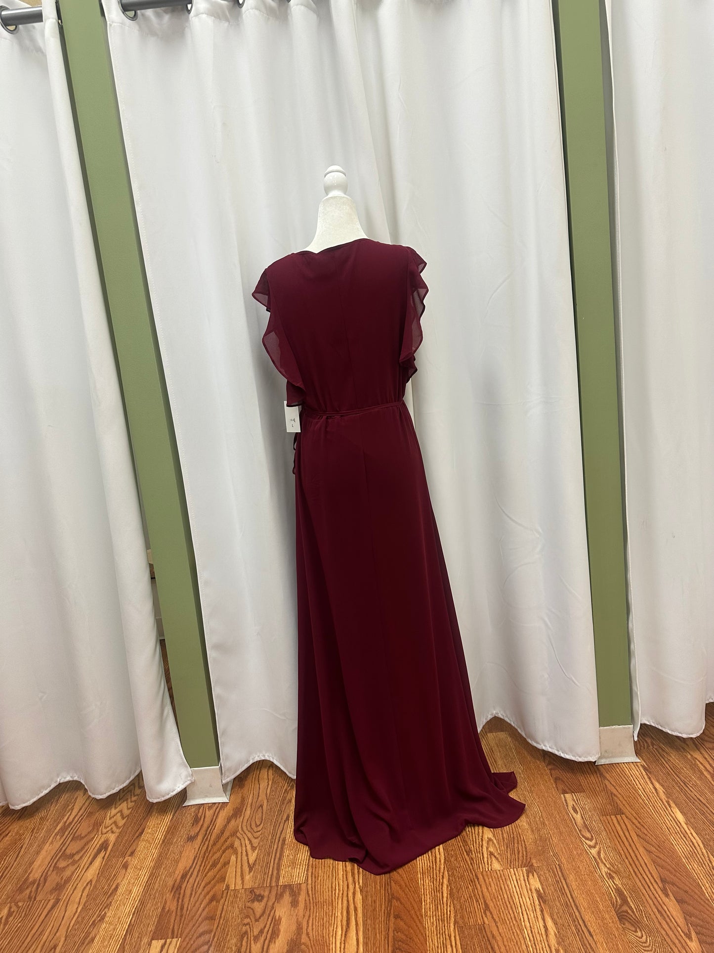 burgundy chiffon dress with ruffle sleeve