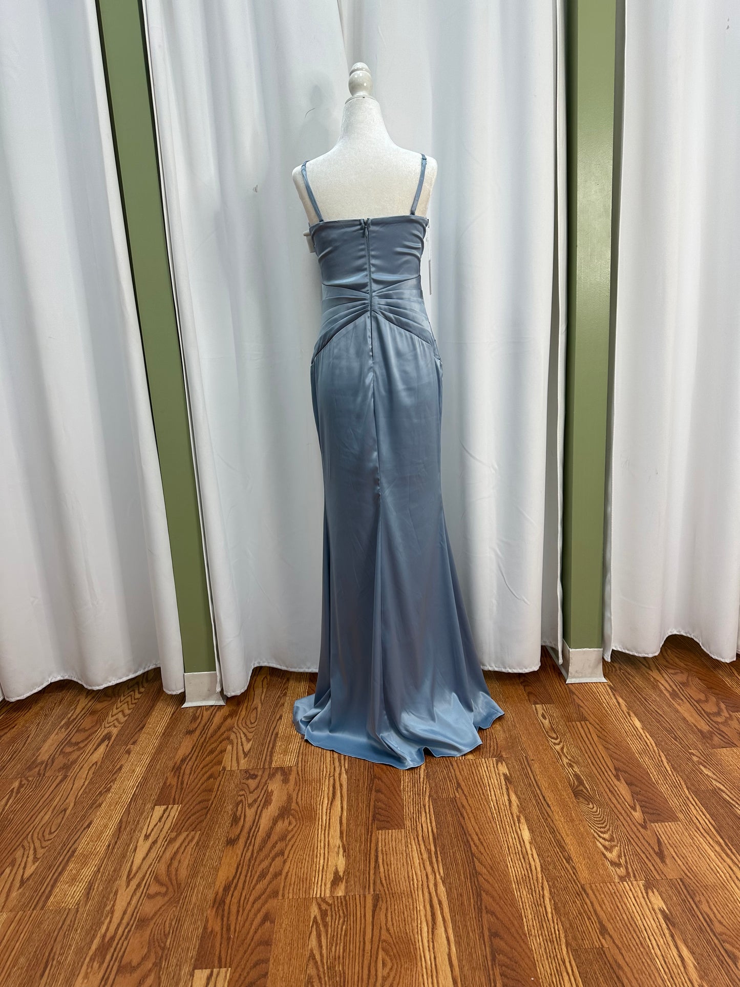 dusty blue satin A/B detailed dress