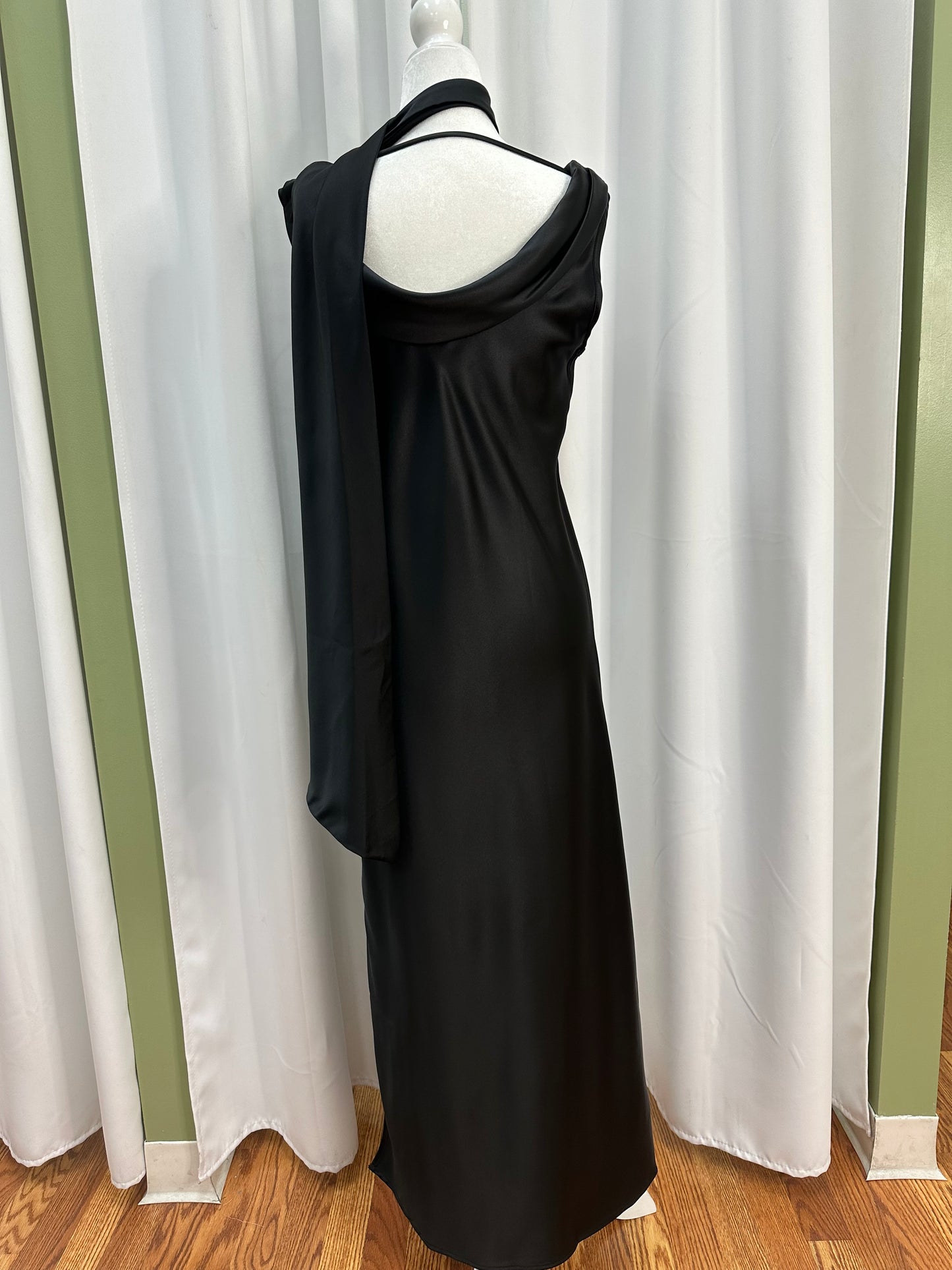 black satin scarf dress