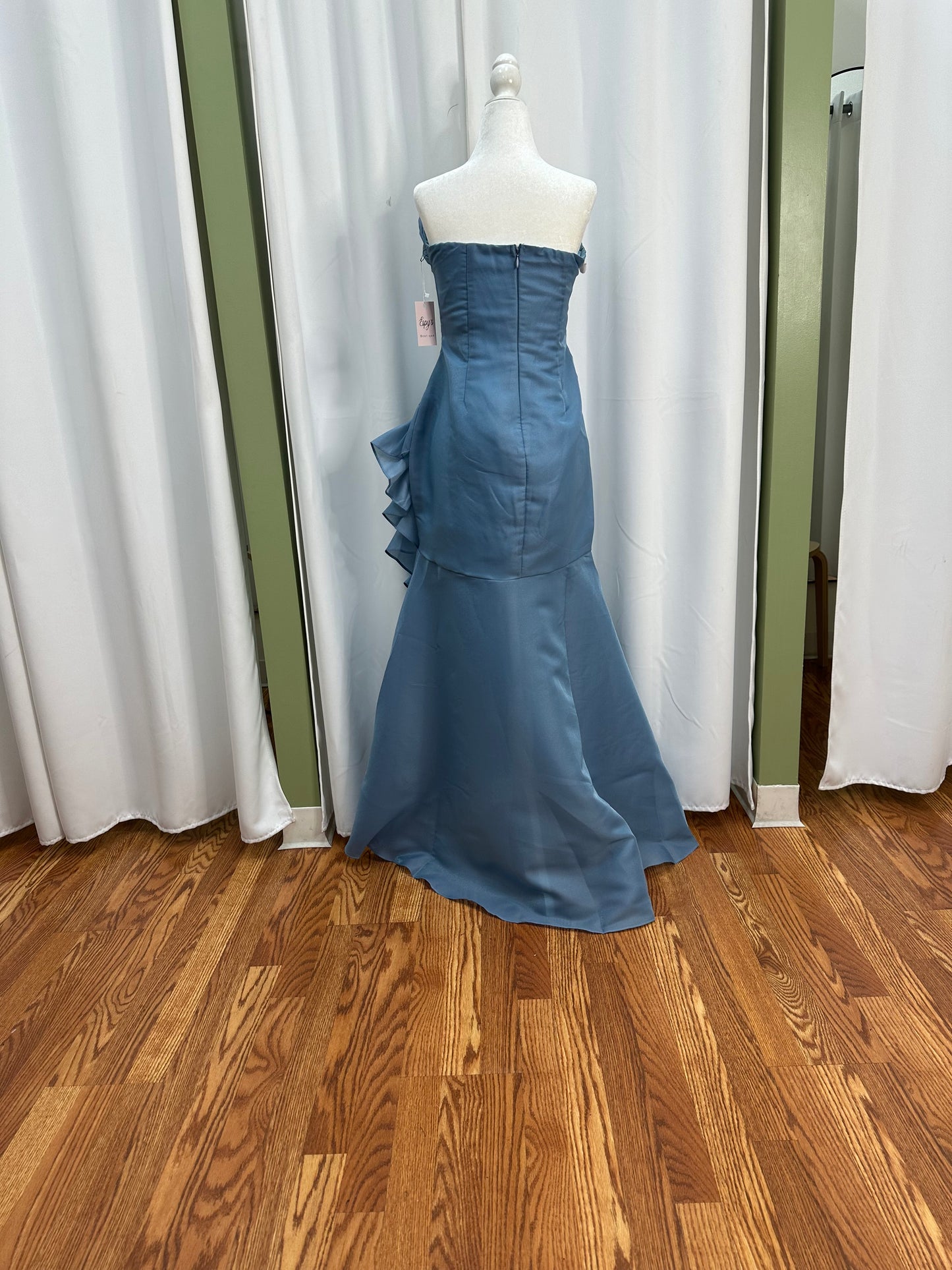 dusty blue ruffle detailed dress
