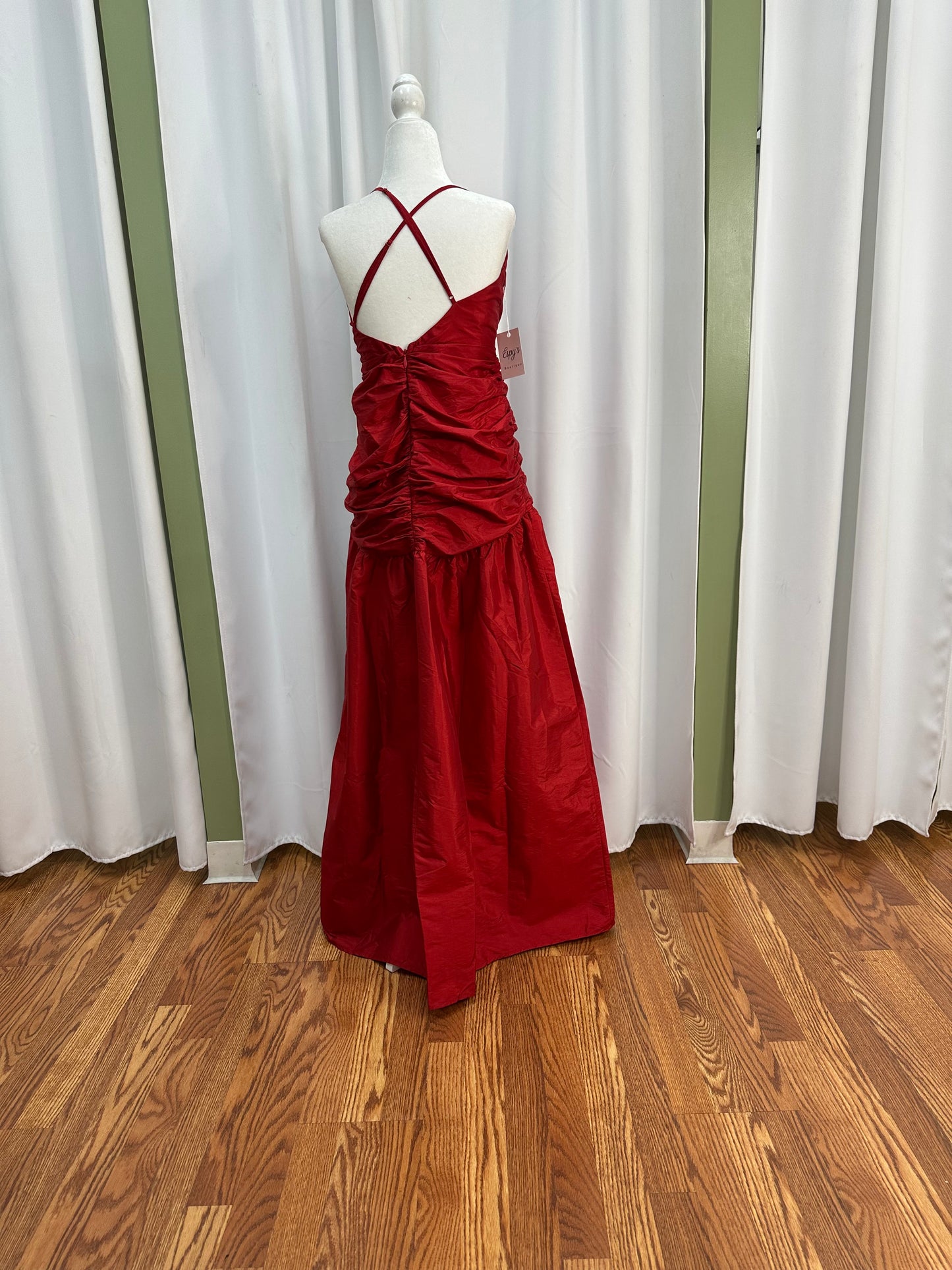 red ruffle slit dress