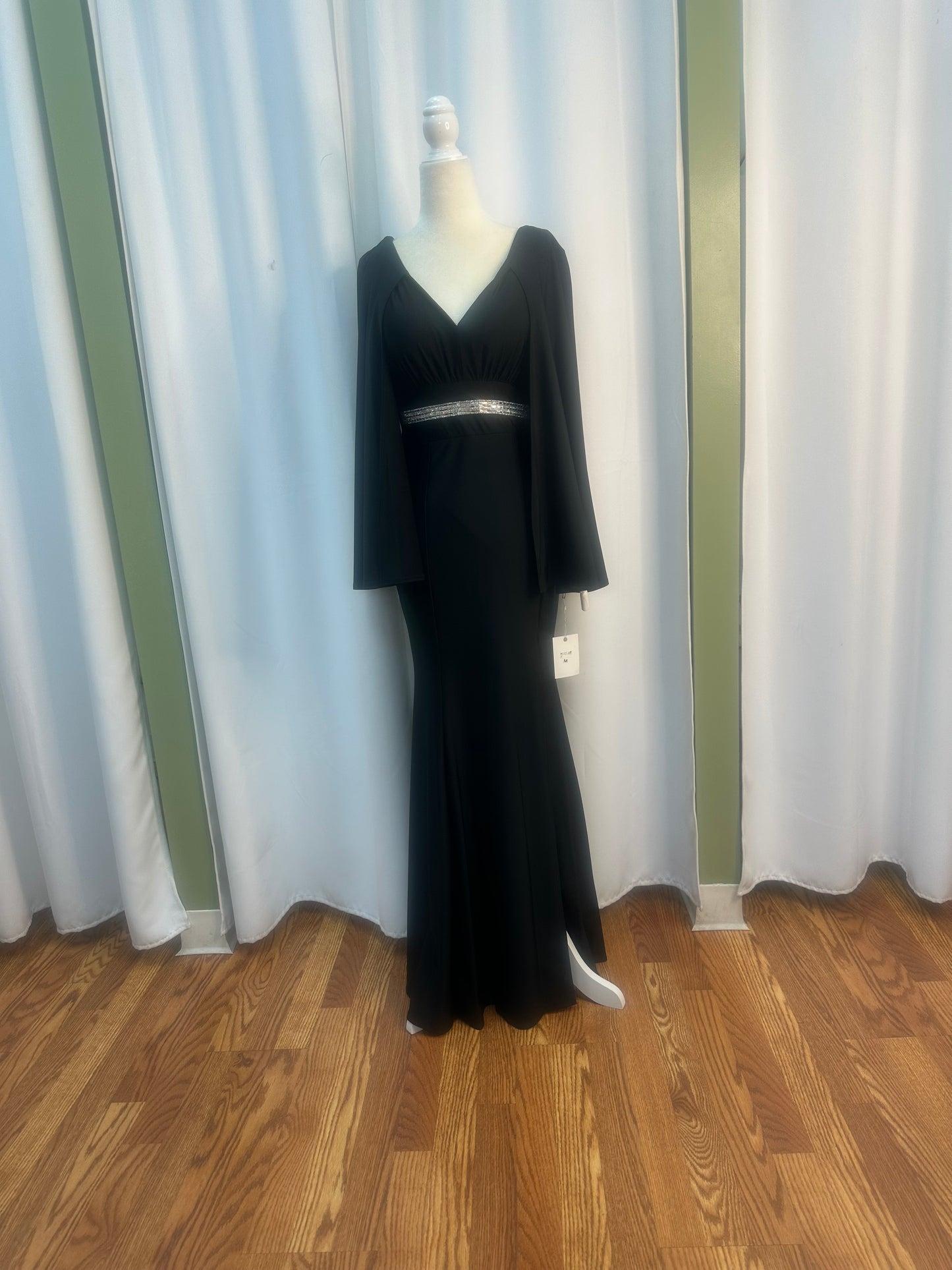 black long sleeve rhinestone belt dress