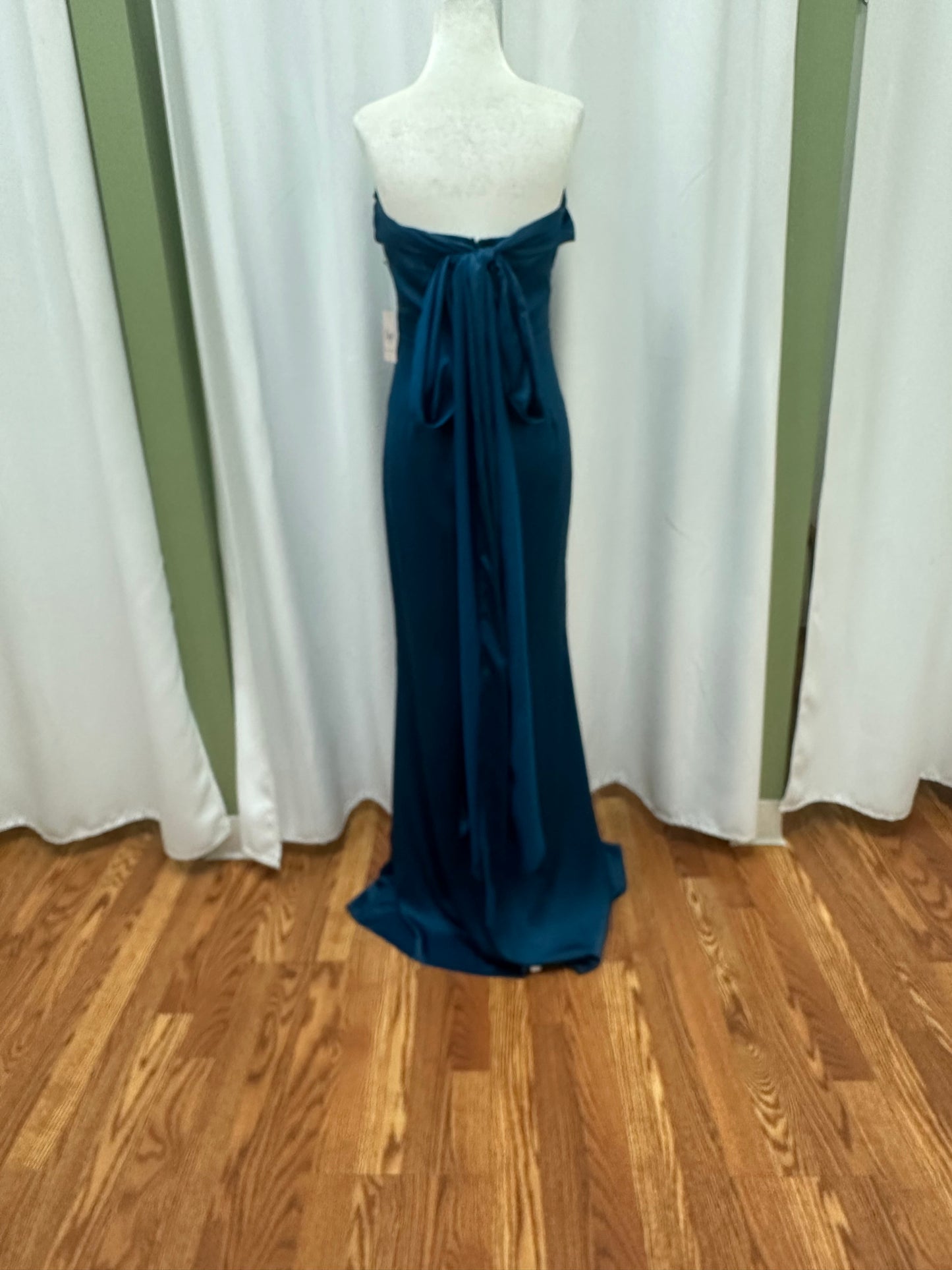 dark teal satin strapless dress