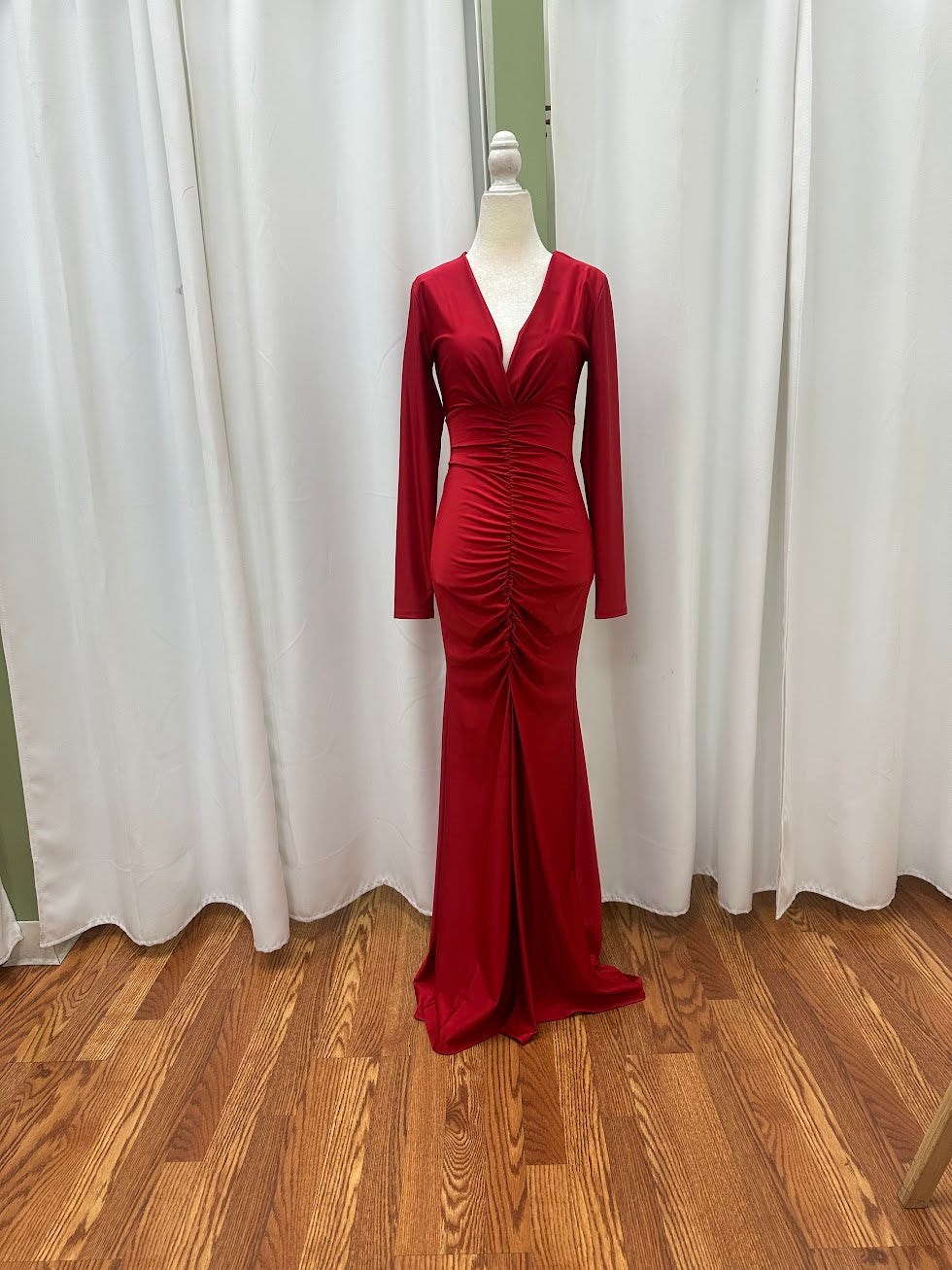 Long beautiful red dress long sleeve V neckline detailed front with front slit