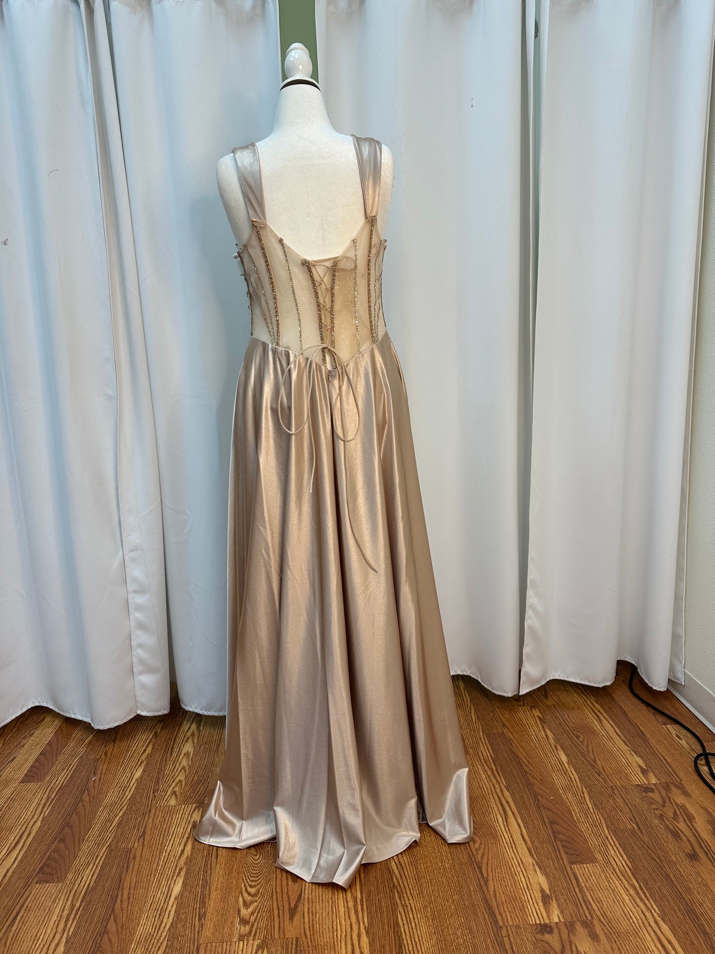 CHAMPAGNE BEADED / STUDDED DRESS SATIN WITH SLIT