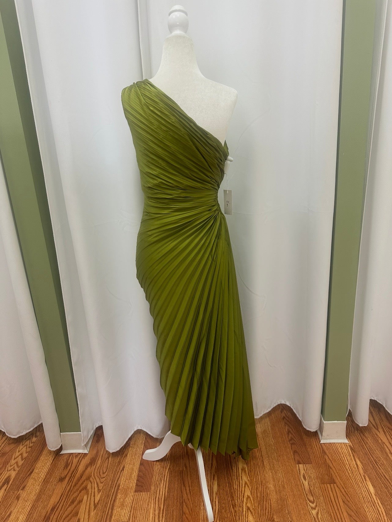 long olive green pleaded dress