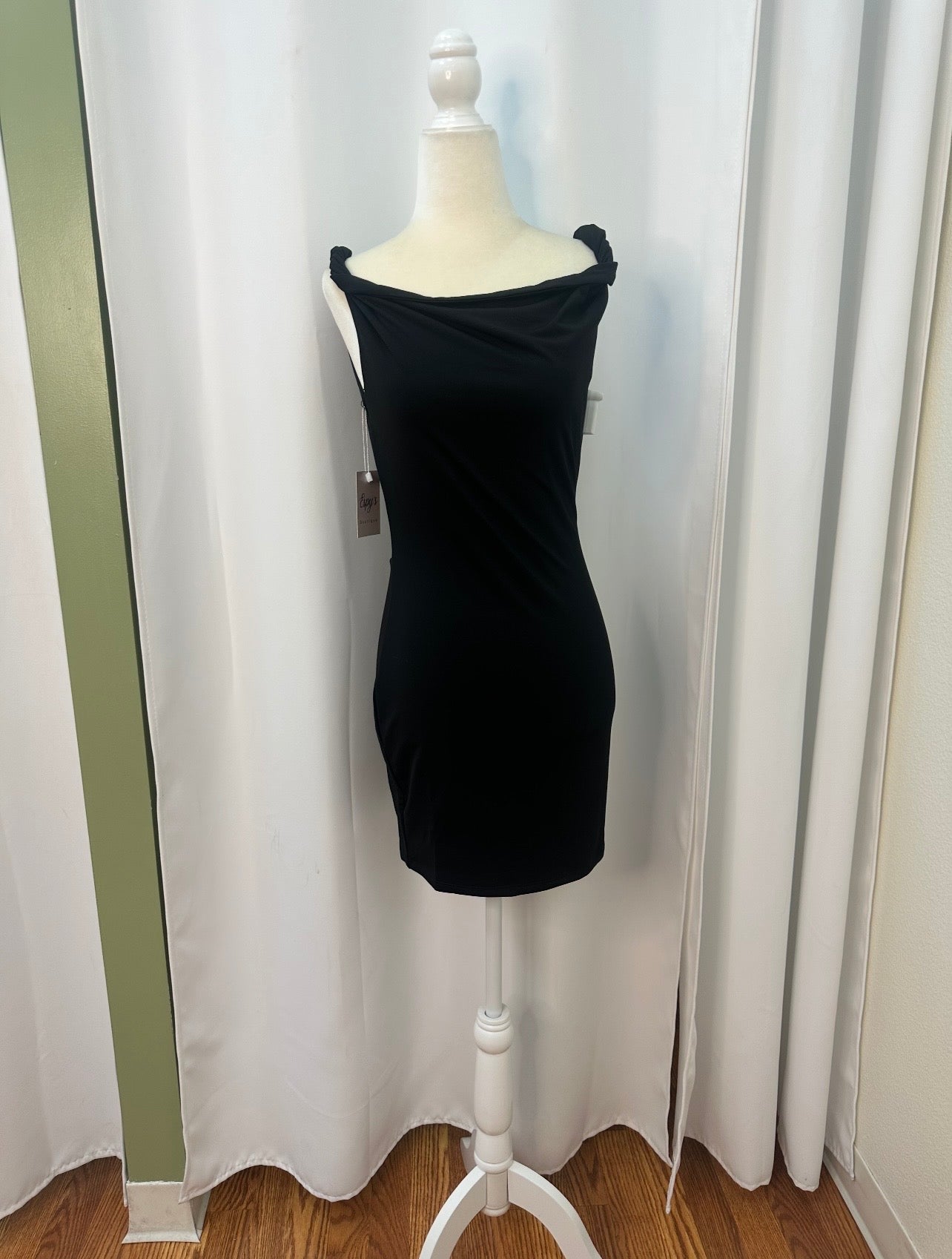 short black bodycon twist shoulder dress