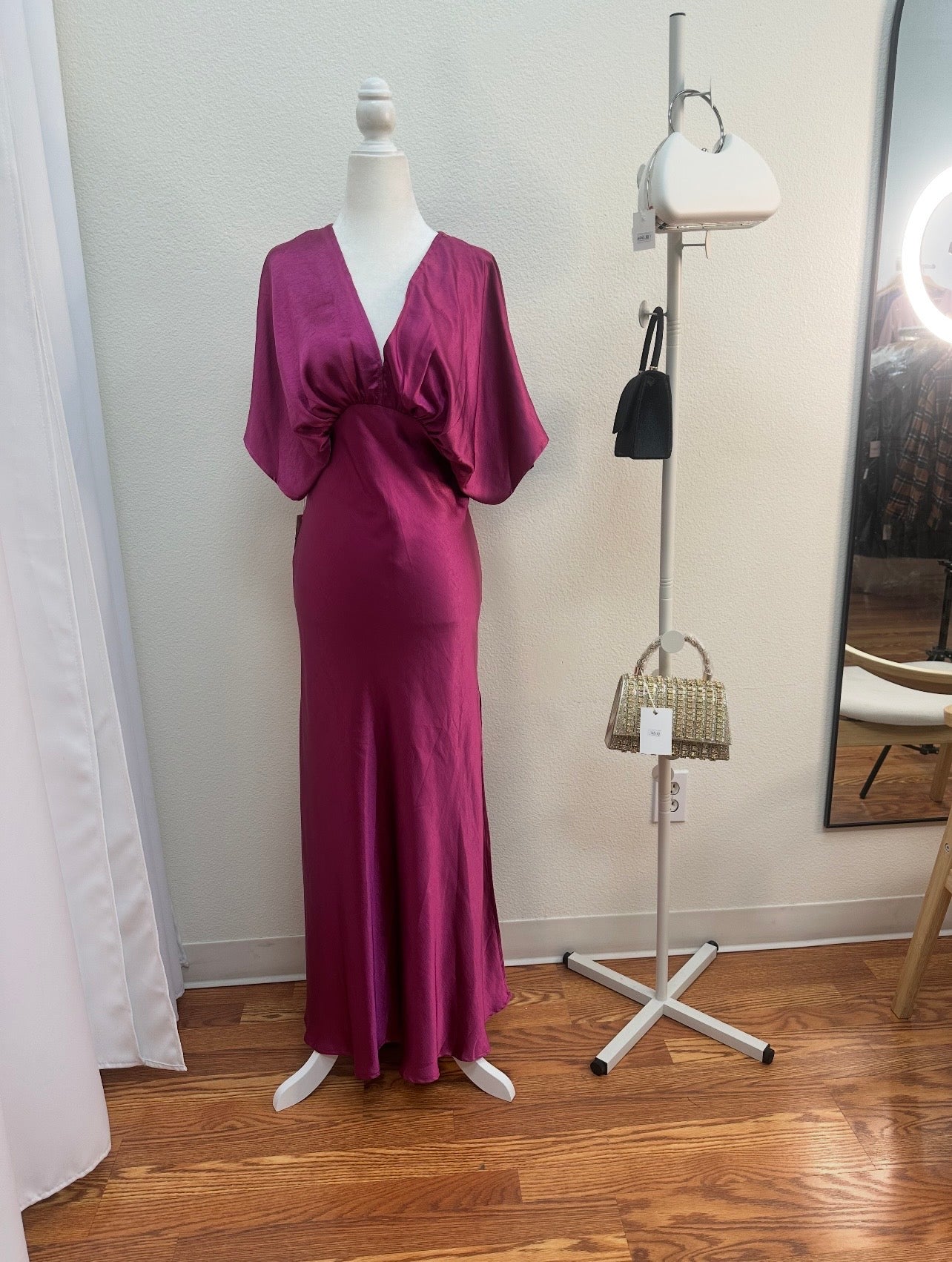 long magenta satin dress