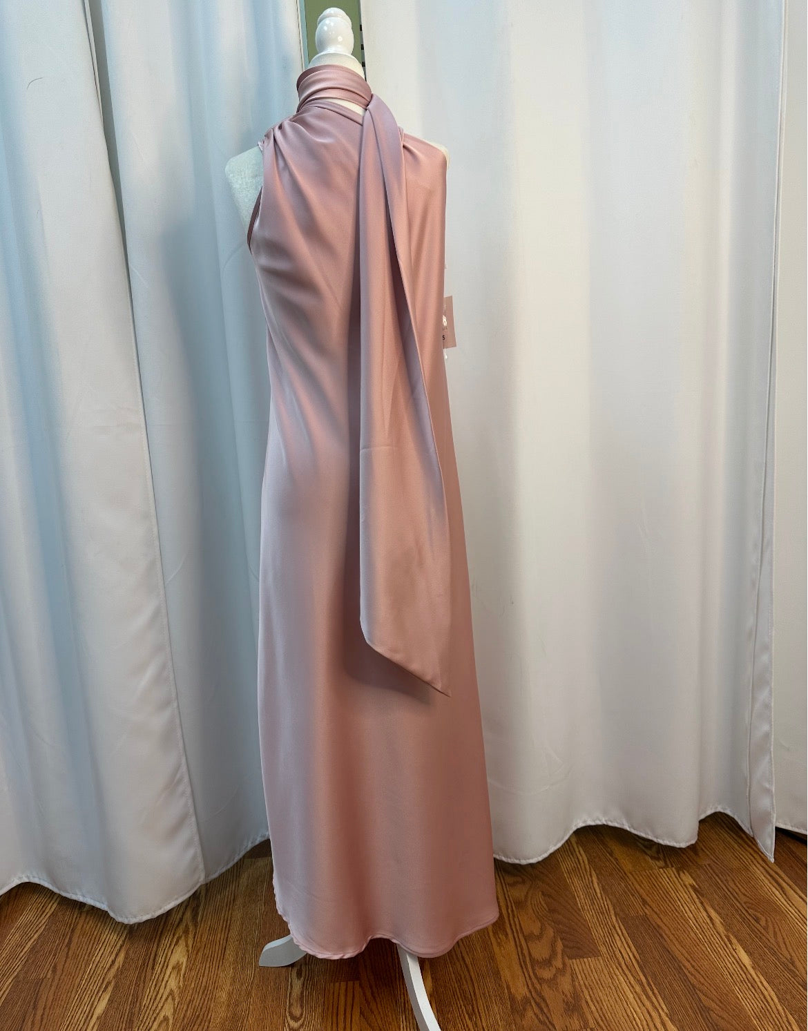 satin rose long beautiful scarfed neck dress.
