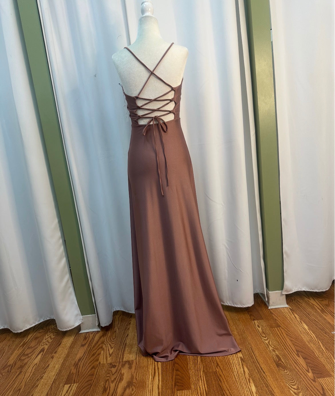 faded rose long formal dress, open back design