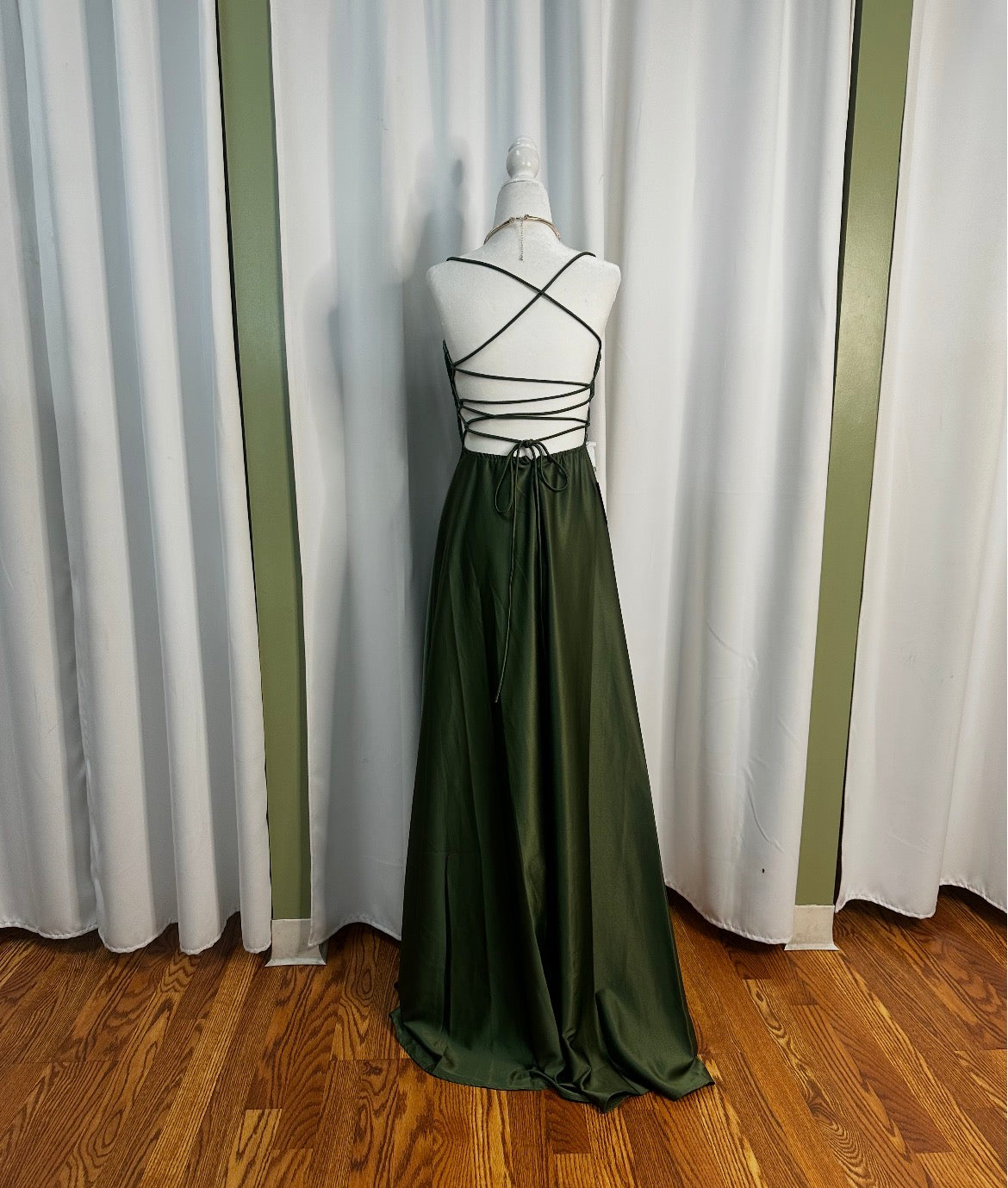 Green olive satin long dress, spaghetti strap, open back designed.