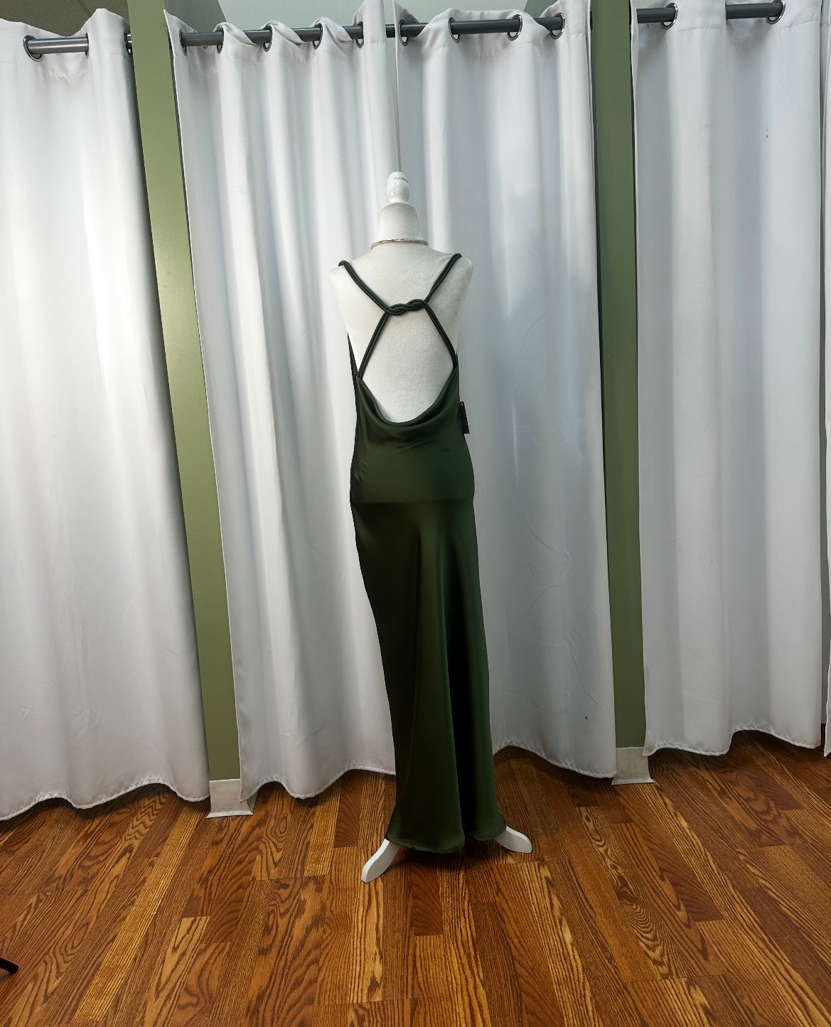 olive green satin dress open cross over back.