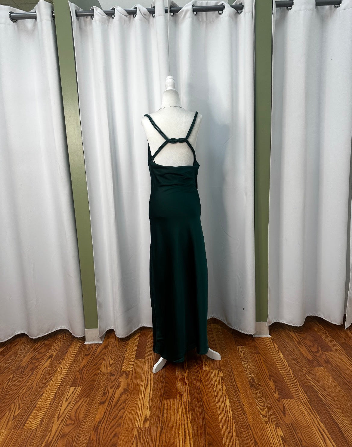 emerald, green long open cross over back dress.