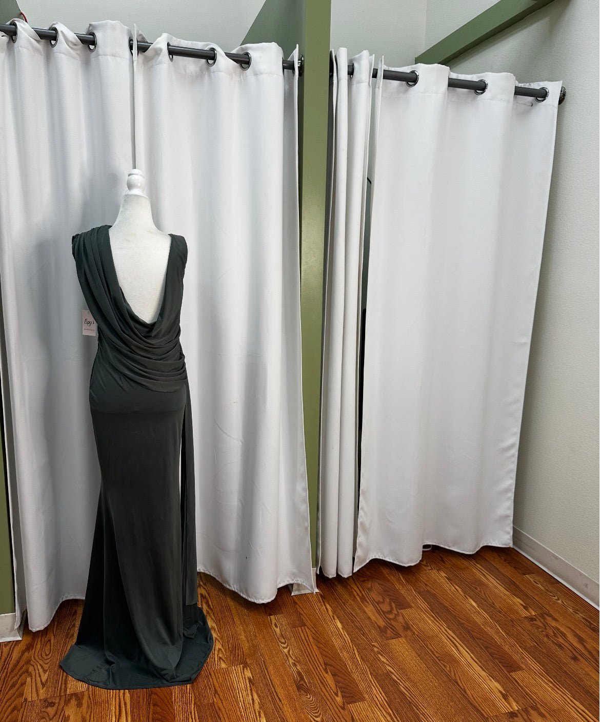 Grey stretchy material, extreme comfort and fancy, open back front scrunch design.