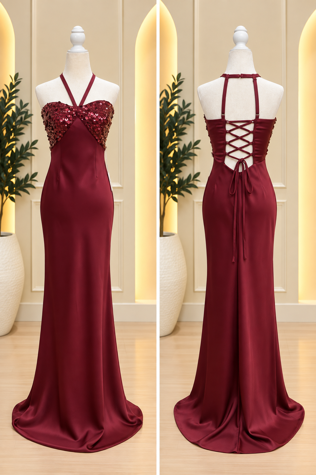 Burgundy Sequin Bustier Halter Maxi Dress