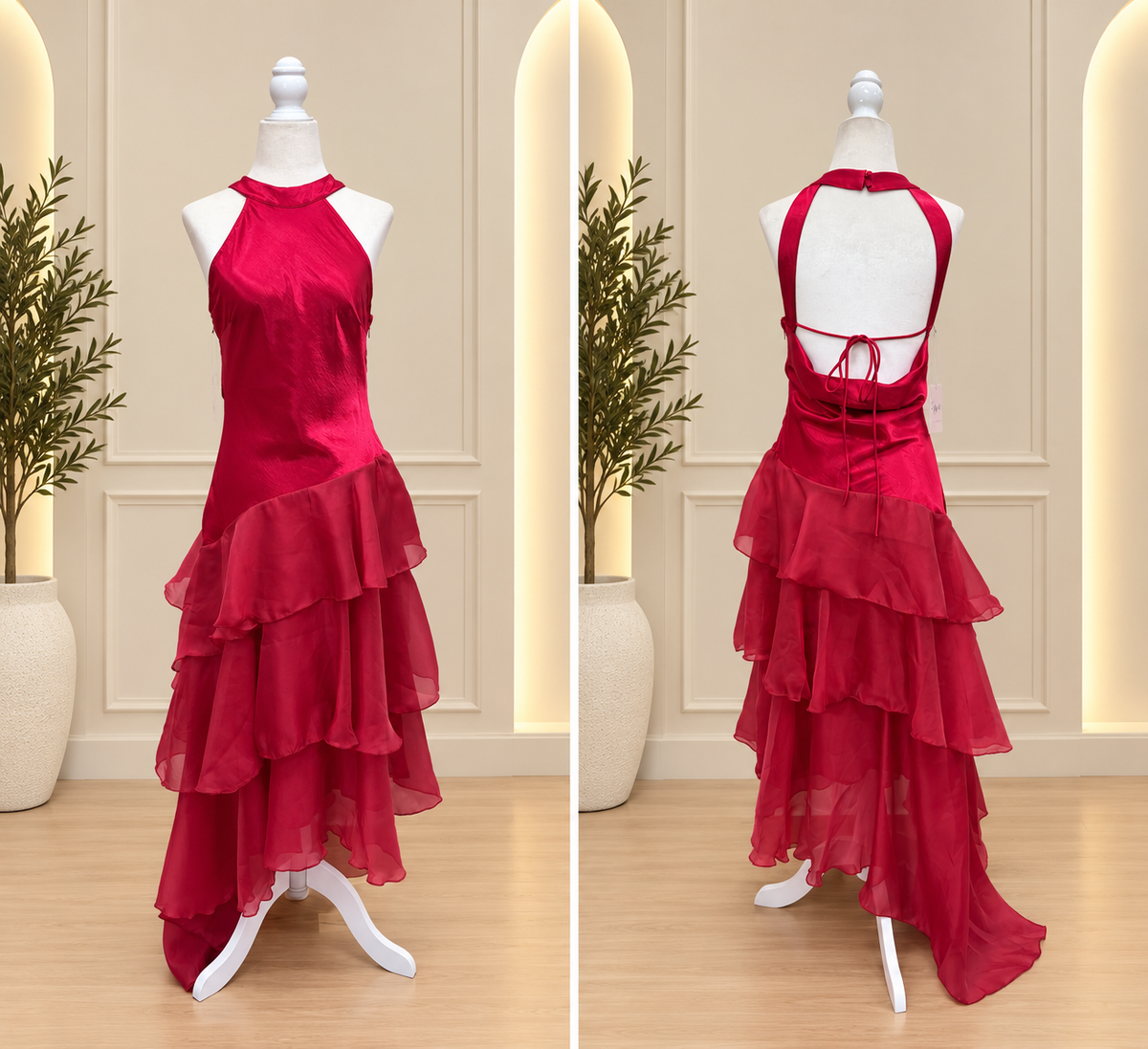Red Desire Halter Ruffle Maxi Dress