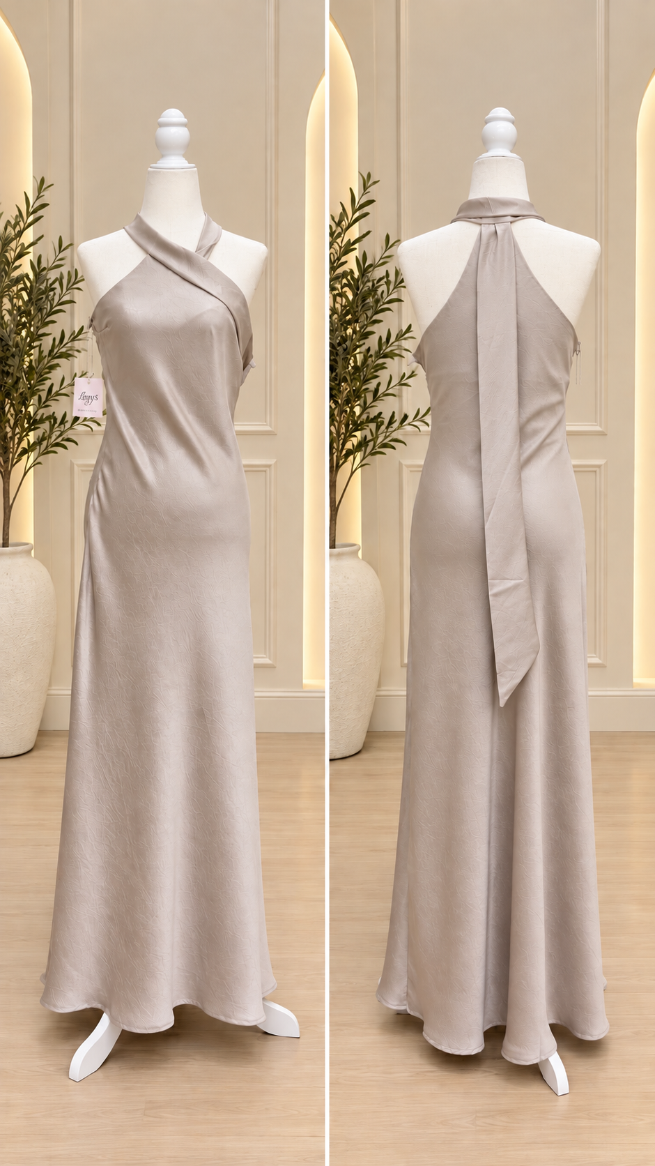 Light Silver Satin Halter Maxi Dress