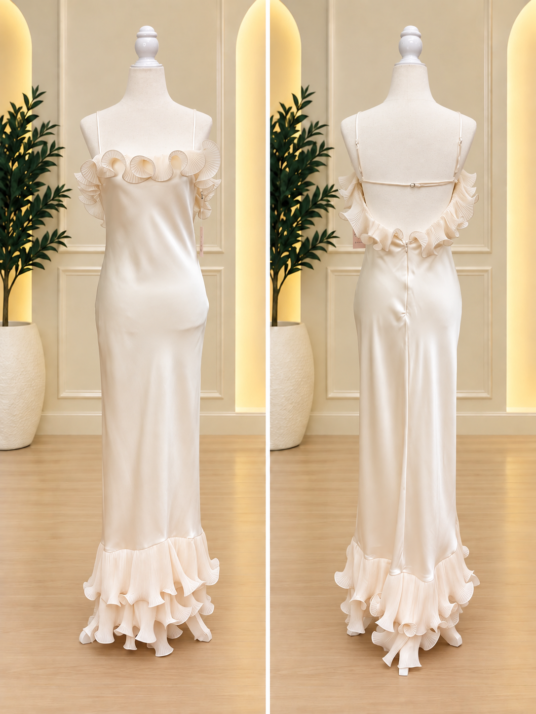 Pearl Satin Ruffle Open-Back Maxi Dress