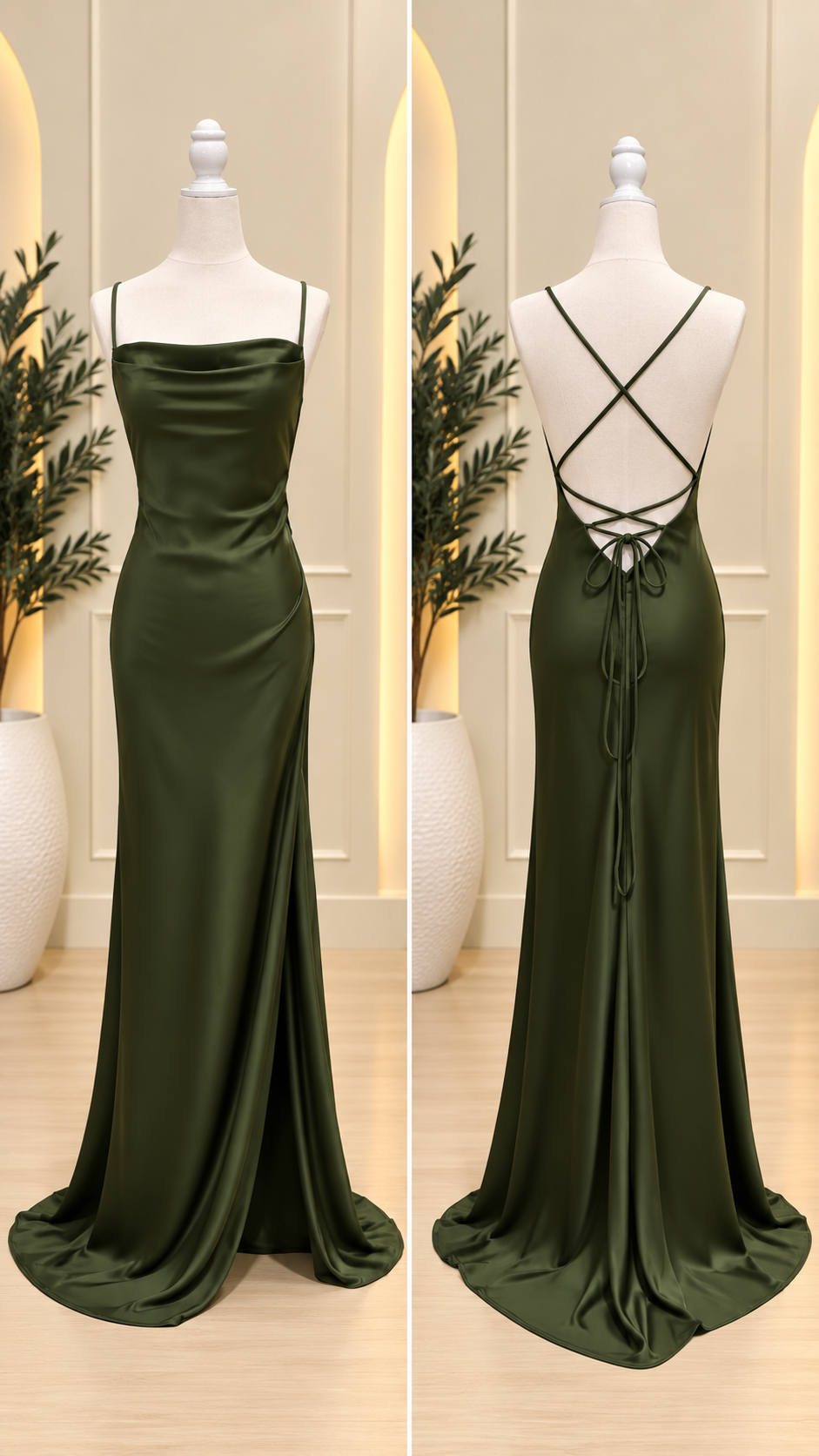 Olive Green Satin Cowl Neck Lace-Up Maxi Dress