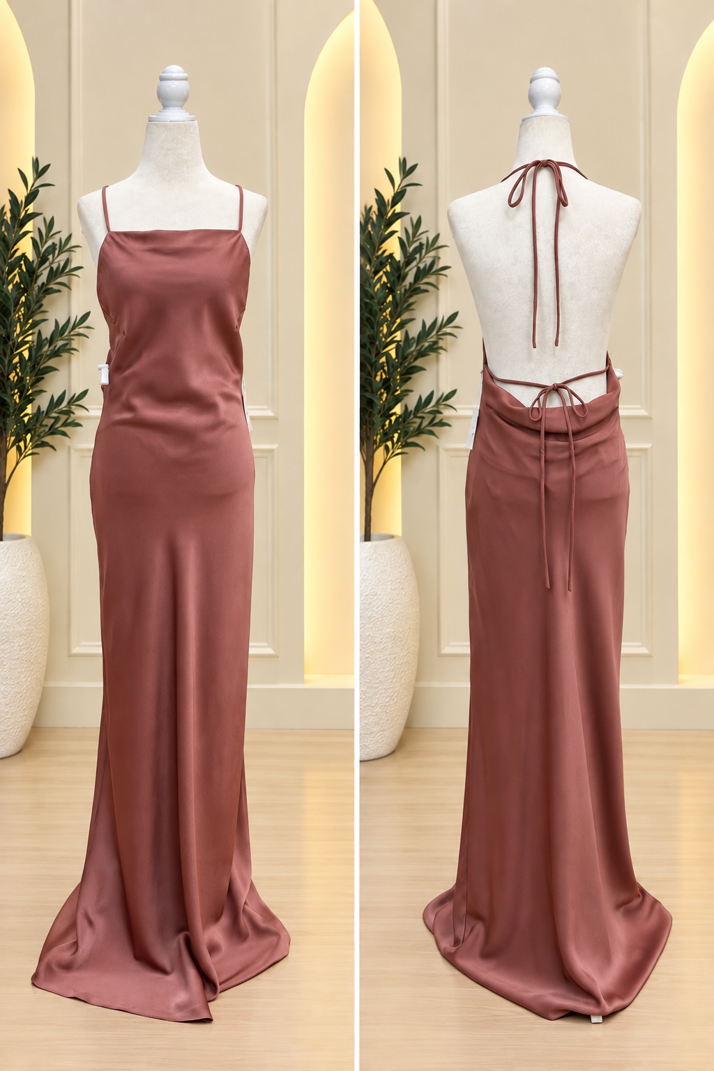 Mocha Satin Open-Back Maxi Dress