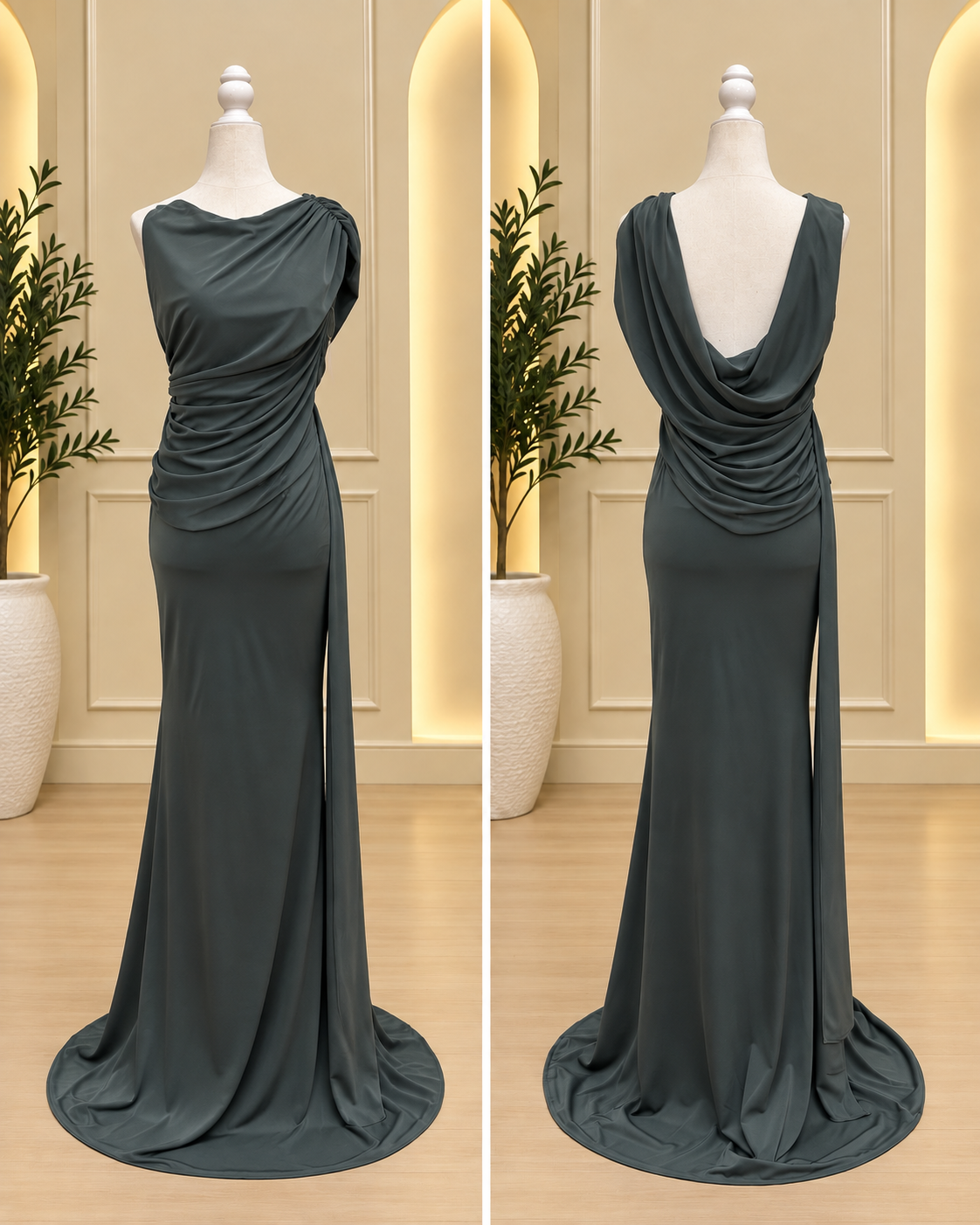 Charcoal Draped Open-Back Maxi Dress