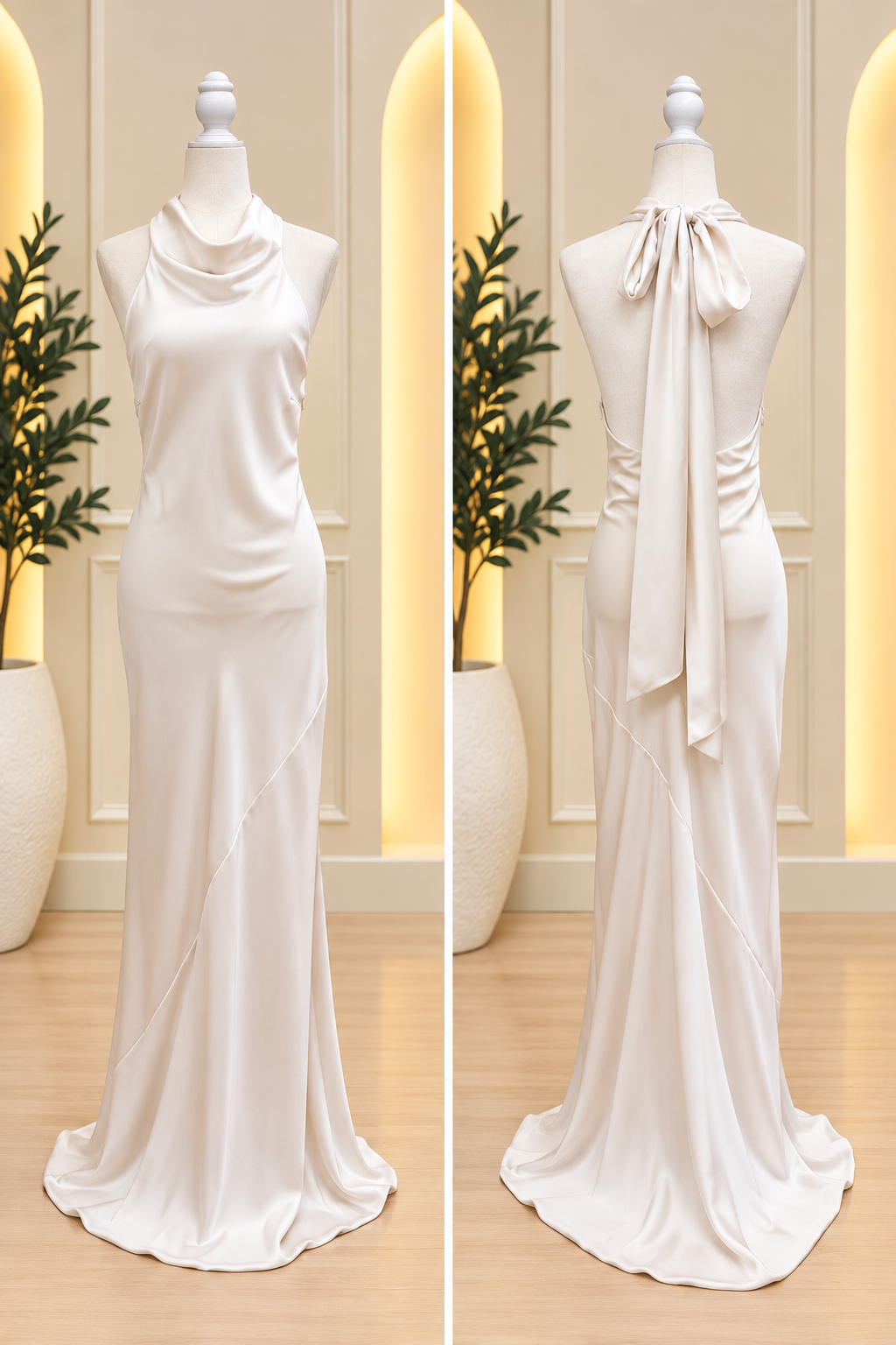 Ivory Satin Cowl-Neck Halter Maxi Dress