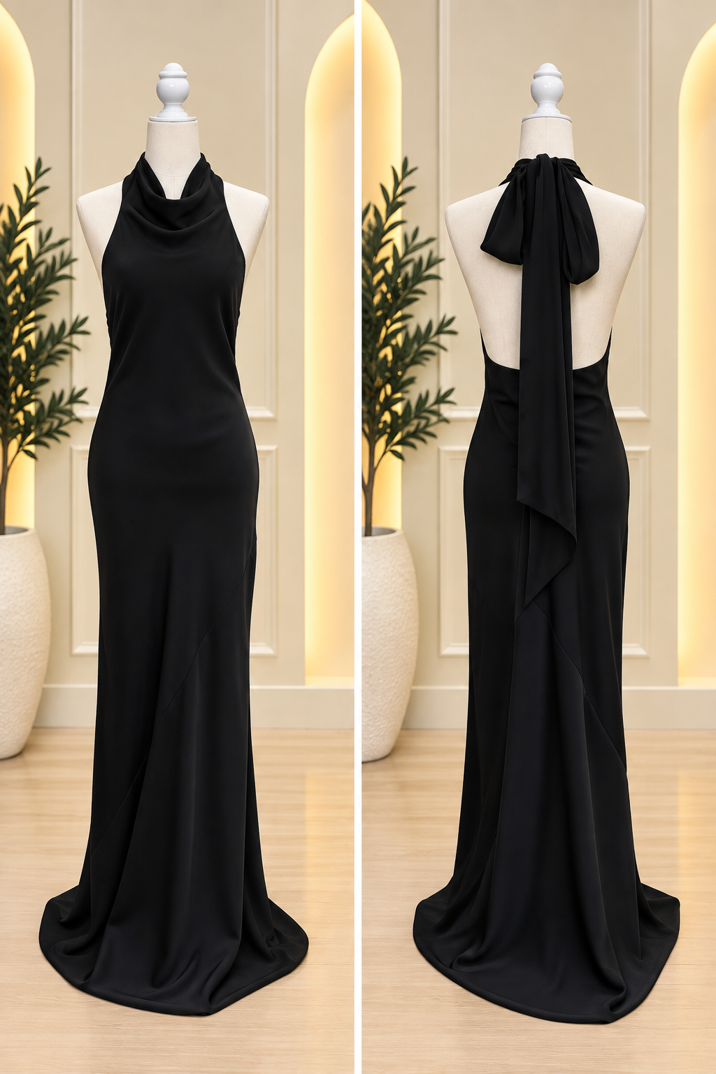 Black Satin Cowl-Neck Halter Maxi Dress
