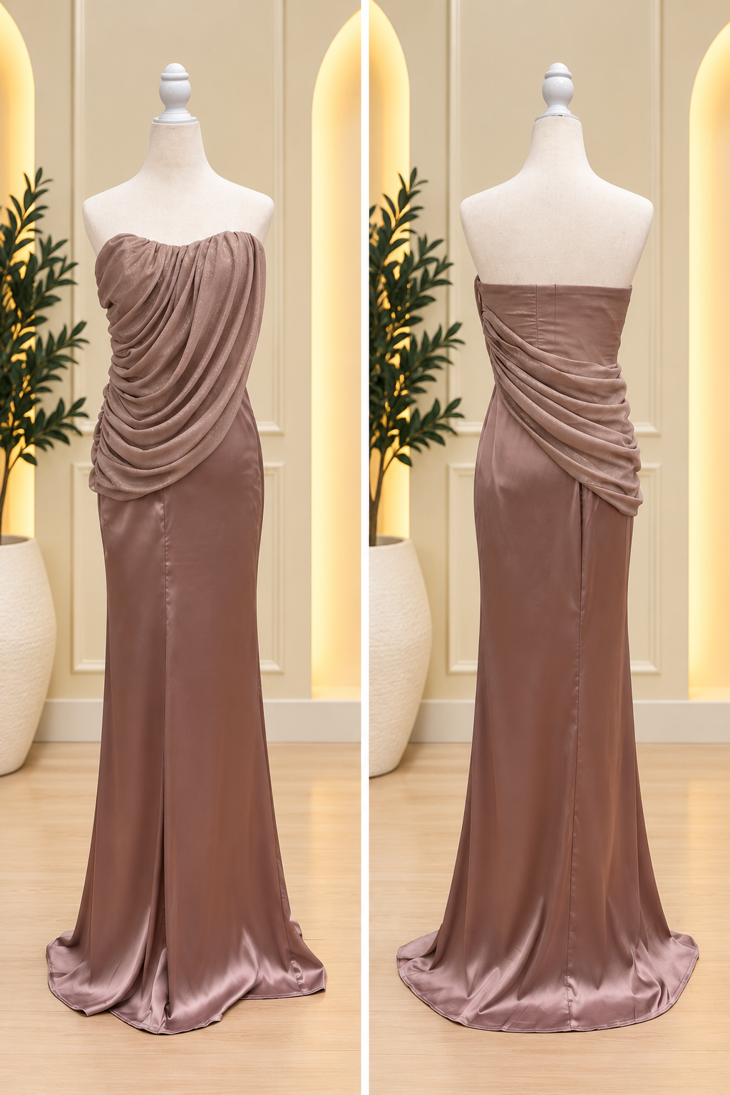 Mocha Satin Strapless Draped Maxi Dress