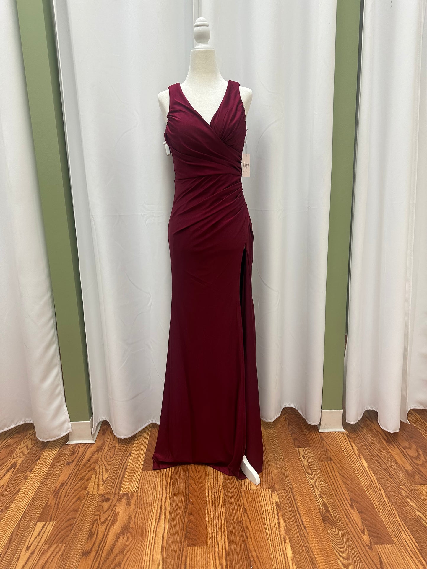V Neck Long Dress Burgandy