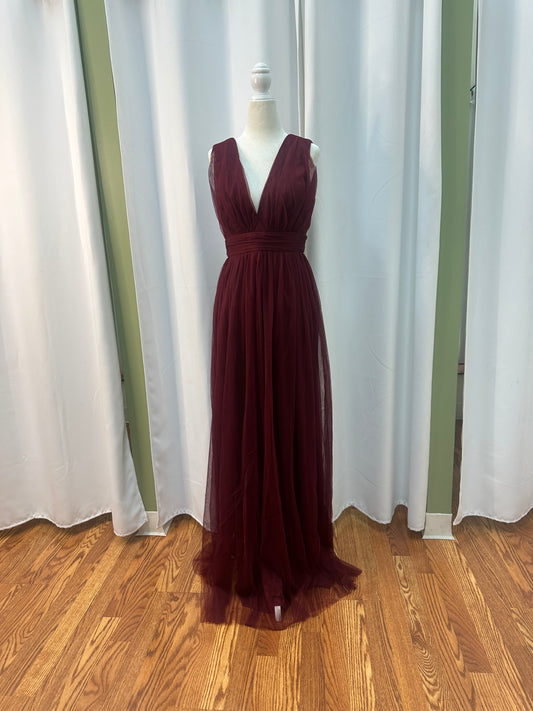 Burgandy Long Lace V Neck Dress