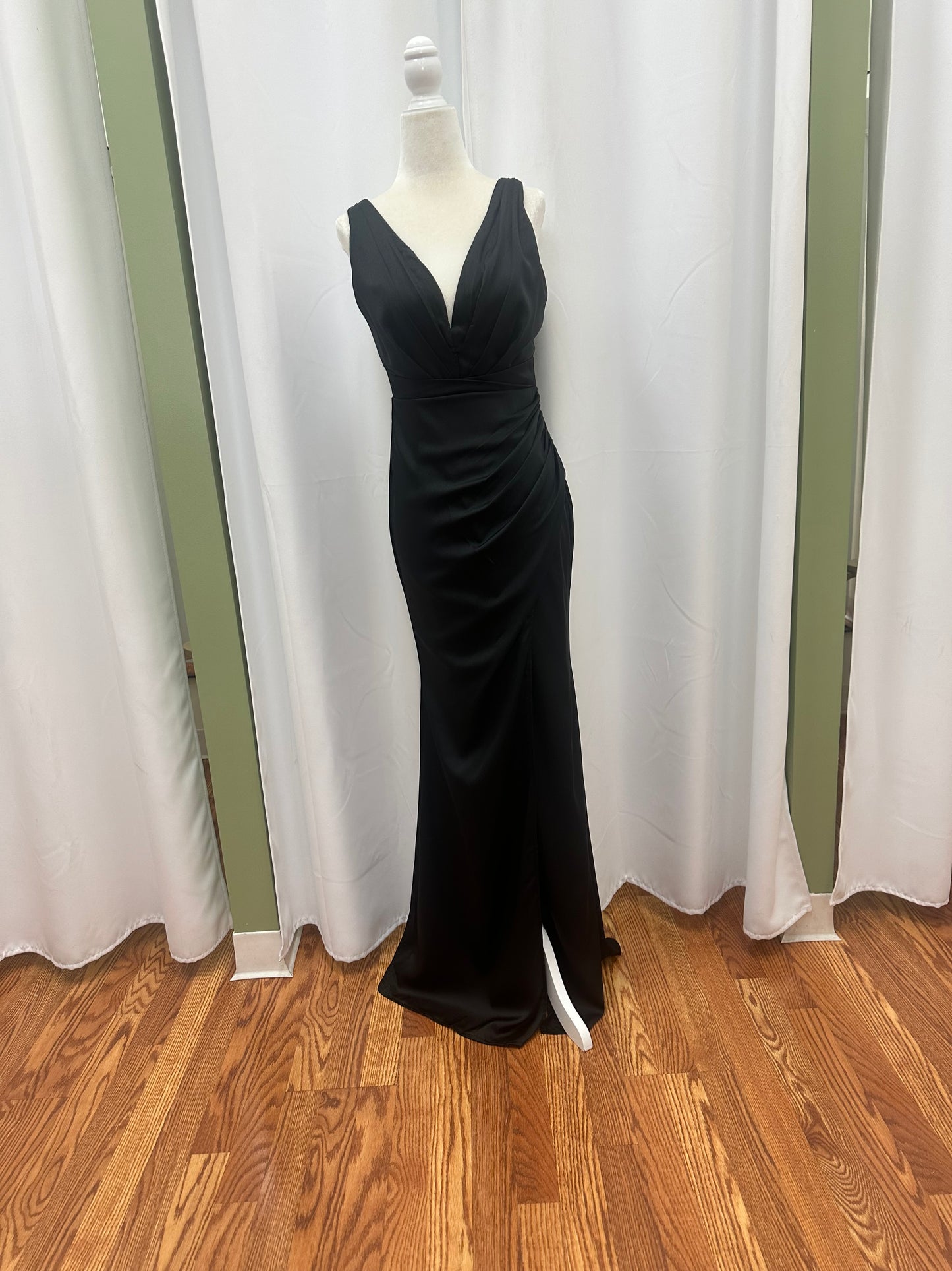 New V Neck Black Satin Dress