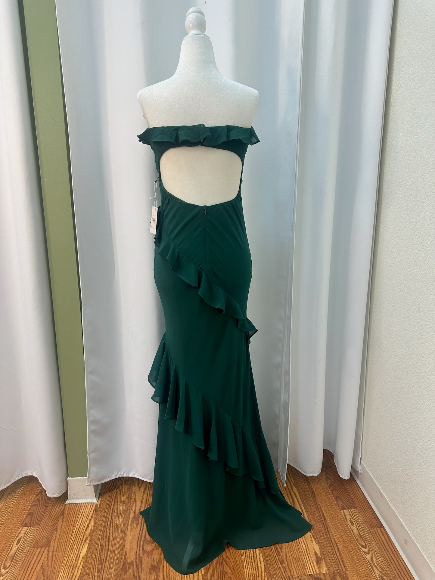 long strapless green ruffle dress