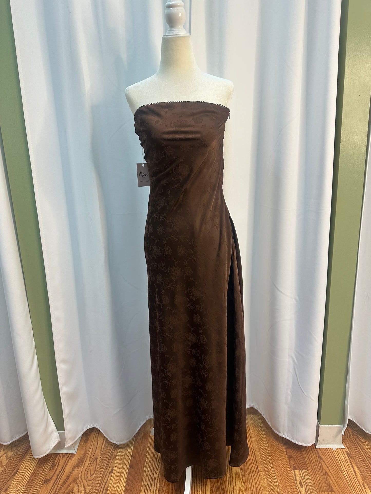Chocolate satin rose print dress