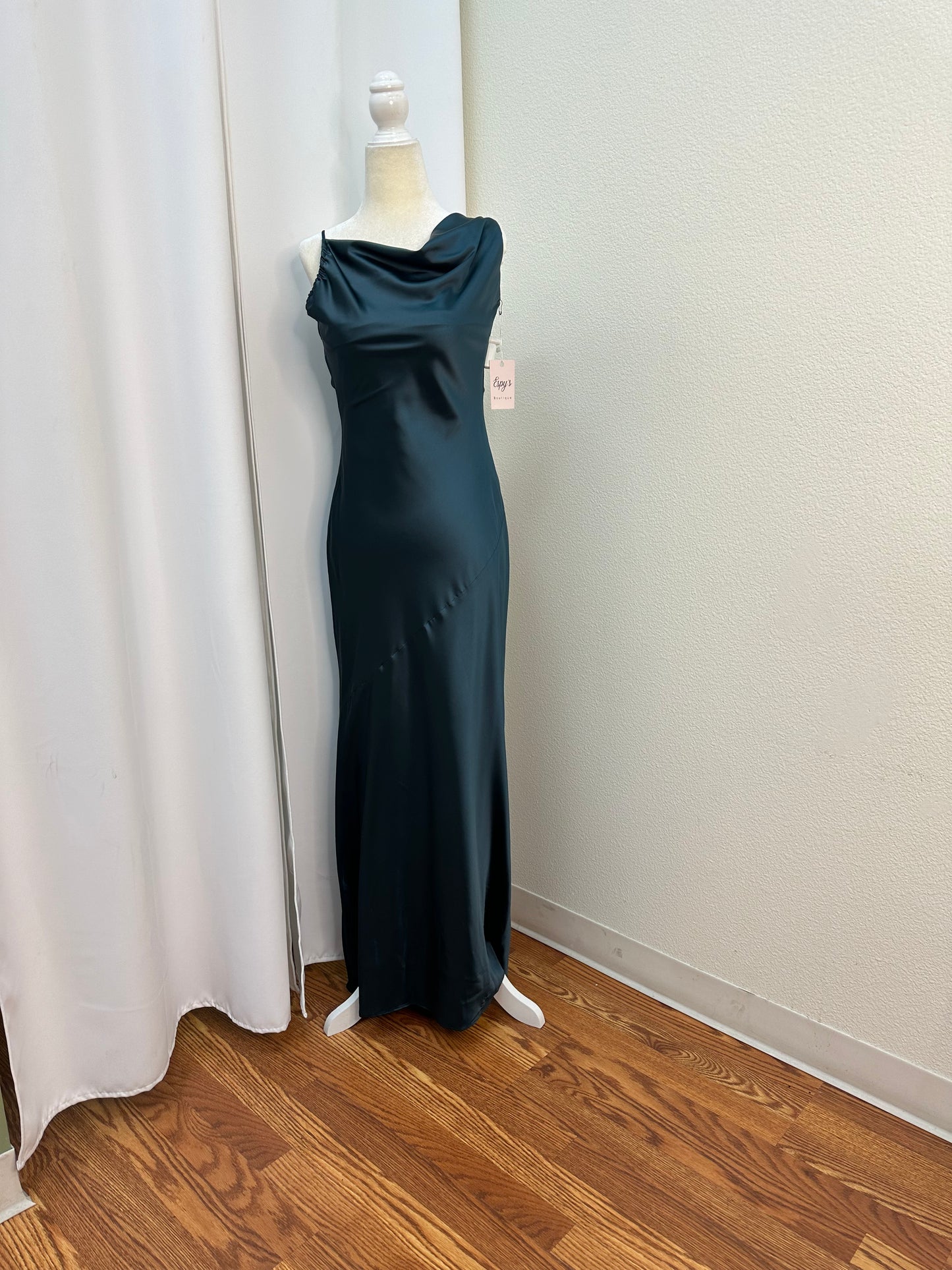 navy blue one shoulder satin dress