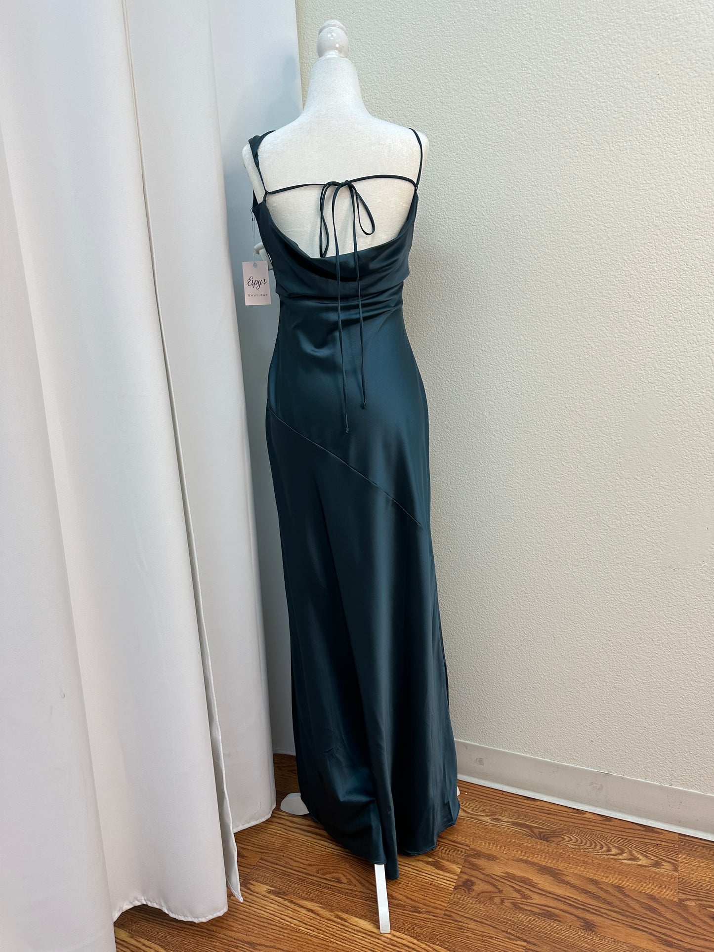 navy blue one shoulder satin dress