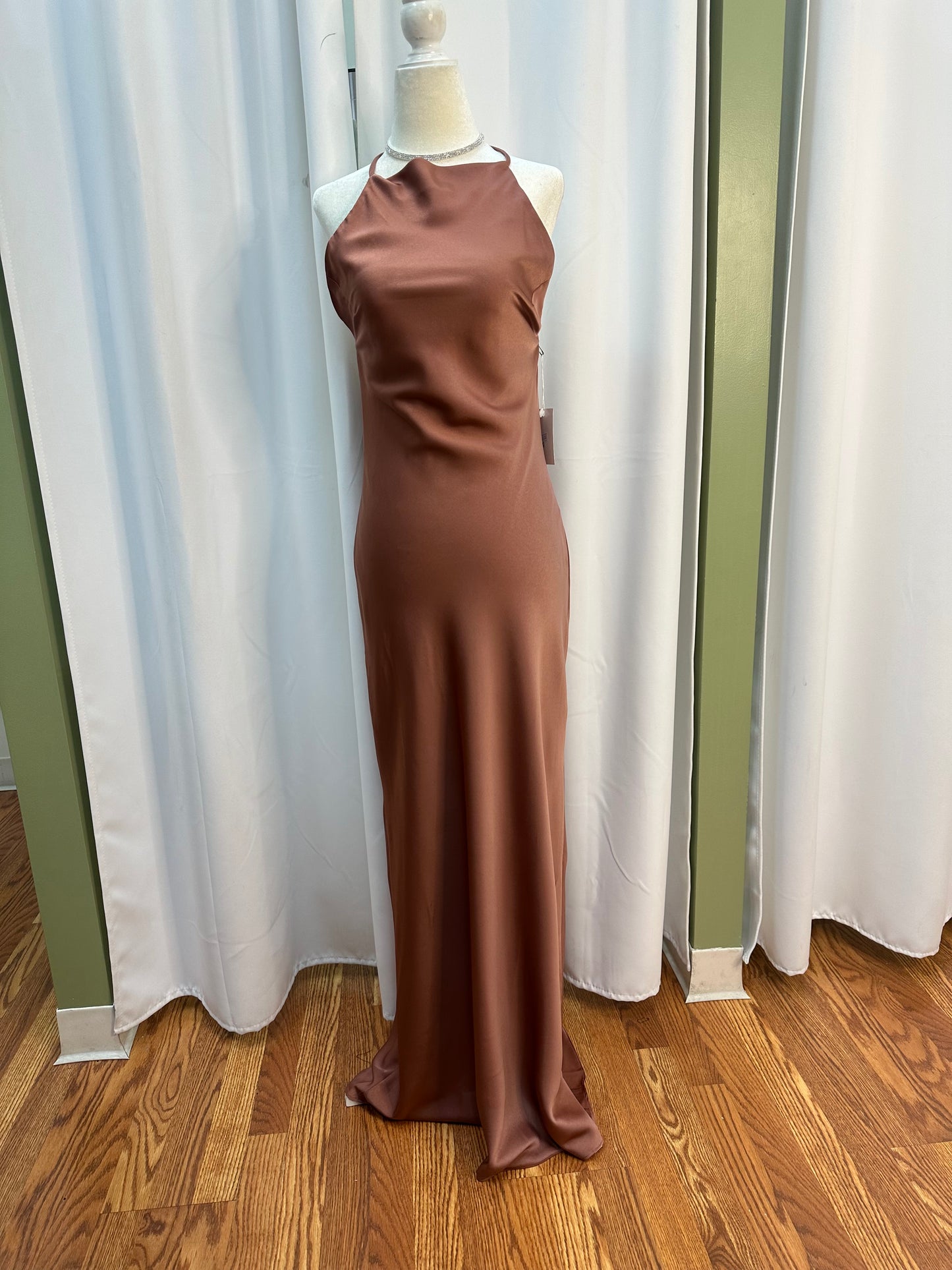 mocha long satin dress
