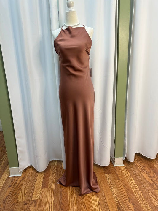 mocha long satin dress