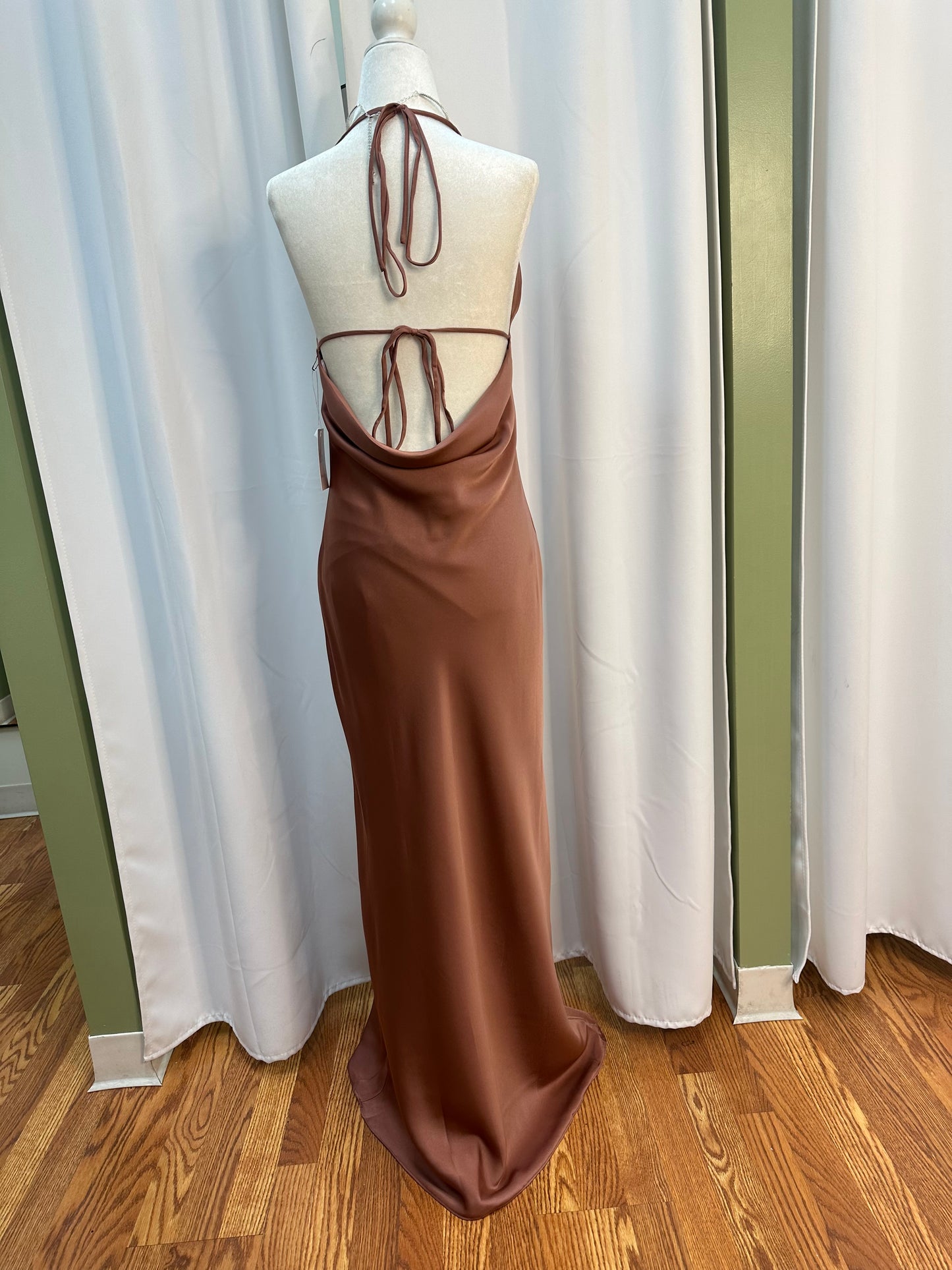 mocha long satin dress