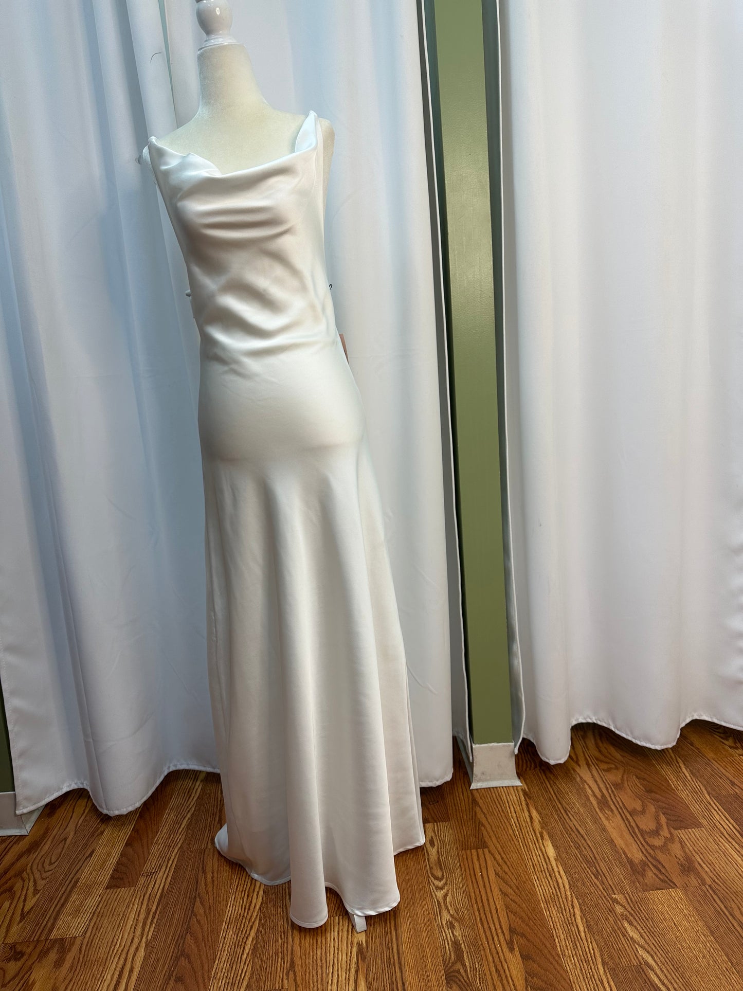 white satin floor length dress