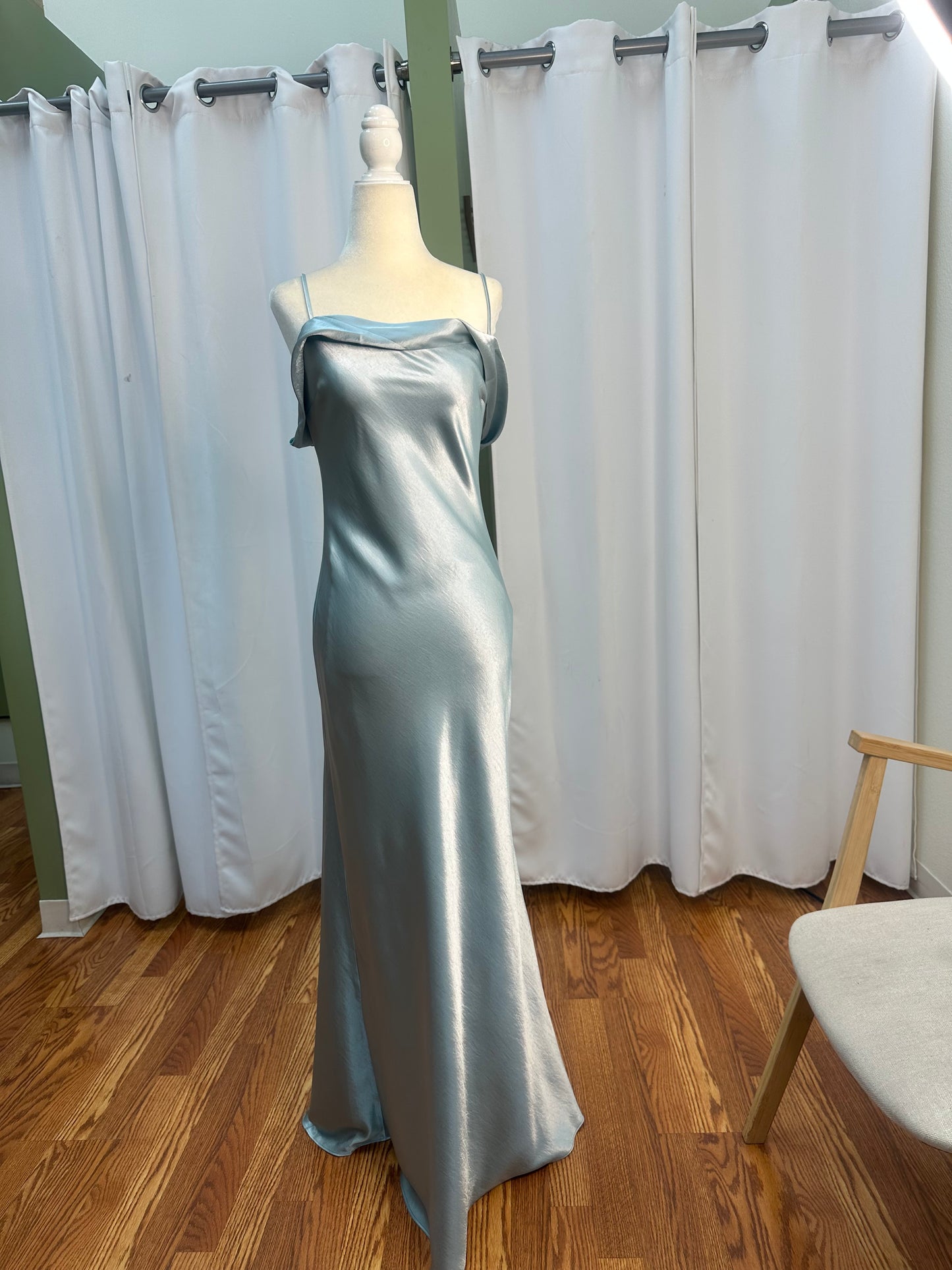 long sky blue satin dress