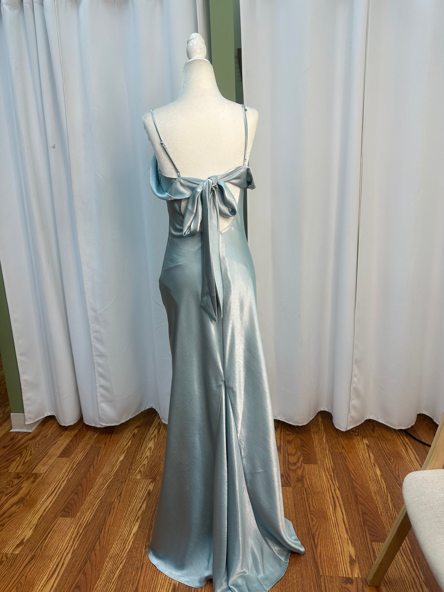 long sky blue satin dress